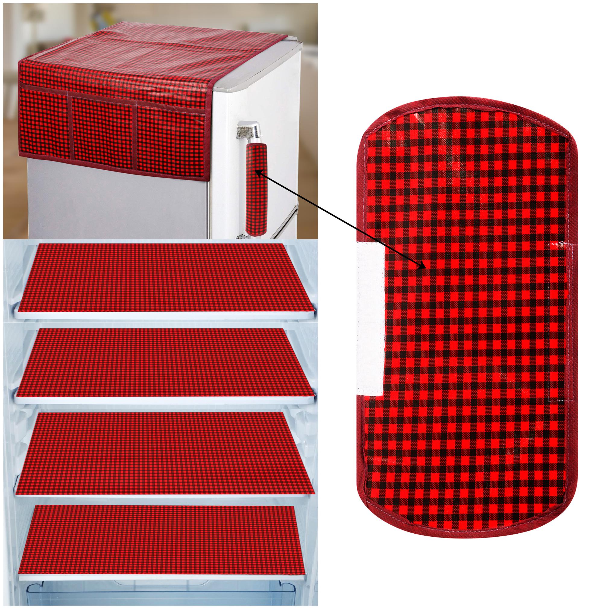 

E-Retailer Combo of 1 pc Fridge Top Cover with 6 Utility Pockets 1 pc Fridge Handle Cover and 4 pcs Fridge Mats (Red Set of 6)