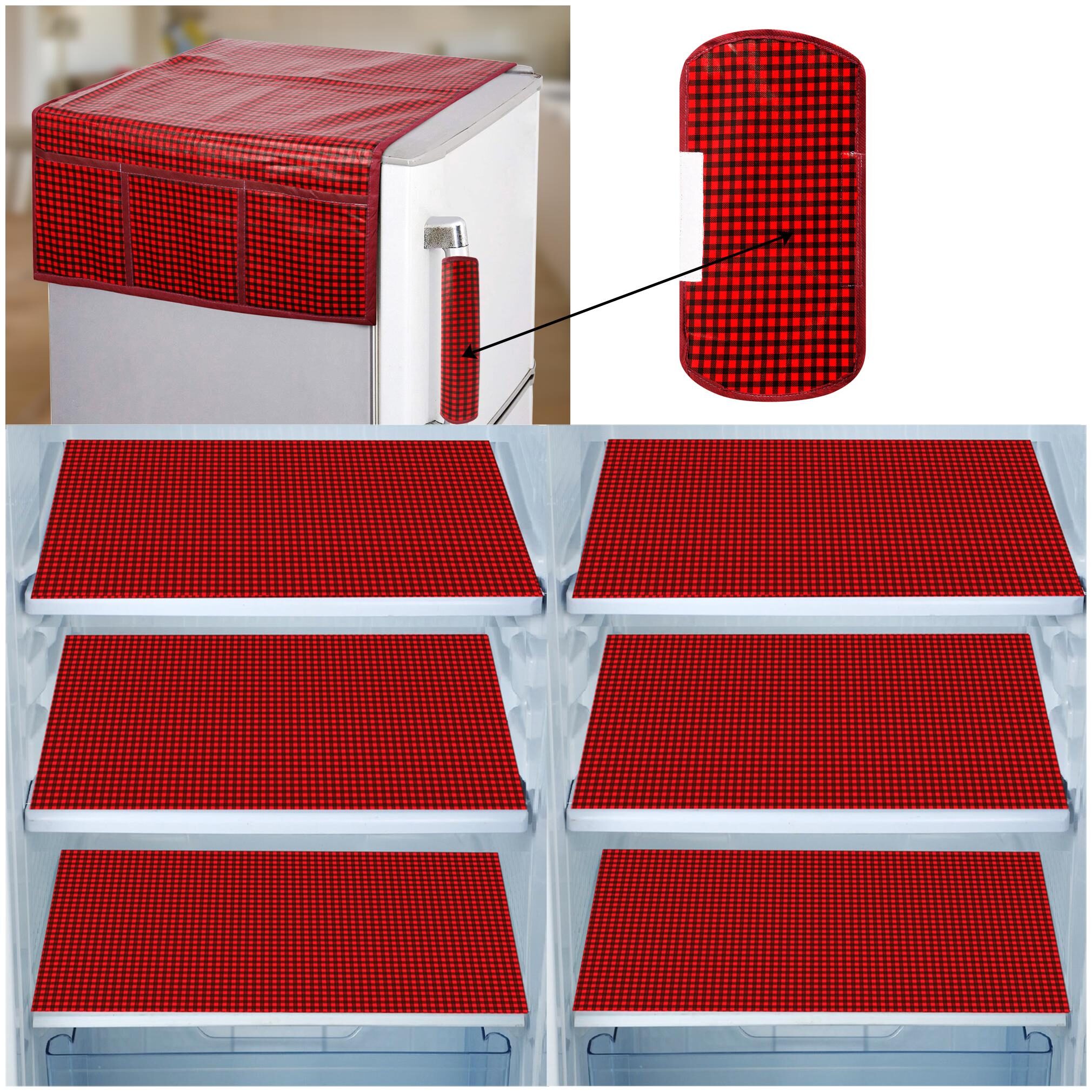 

E-Retailer Combo of 1 pc Fridge Top Cover with 6 Utility Pockets 1 pc Fridge Handle Cover and 6 pcs Fridge Mats (Red Set of 8)