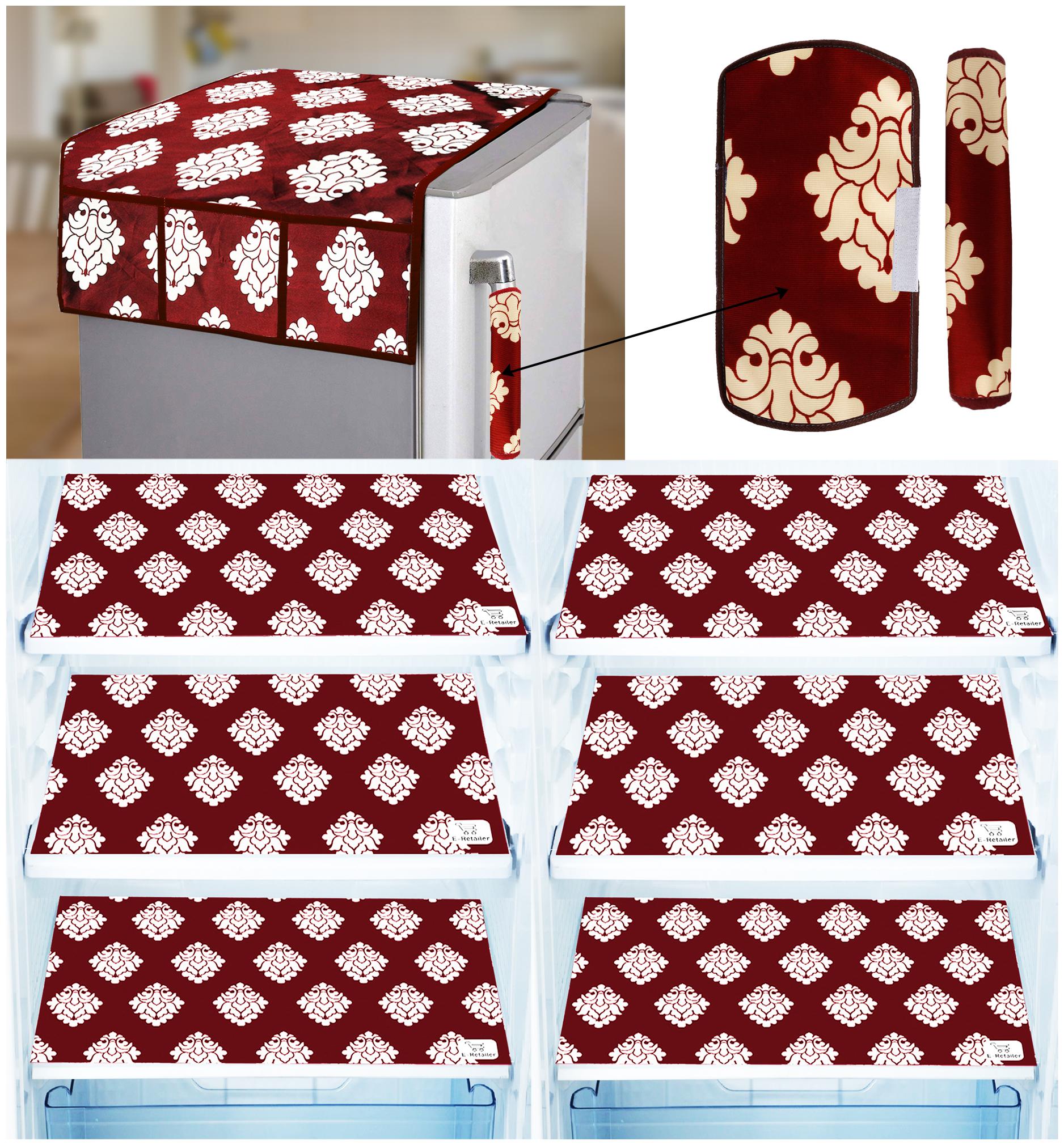 

E-Retailer Combo of Exclusive Decoratived 1 Pc Fridge Top Cover with 6 Utility Pockets 2 Pc Fridge Handle Cover And 6 Pc Fridge Mats (Maroon Set of 9)