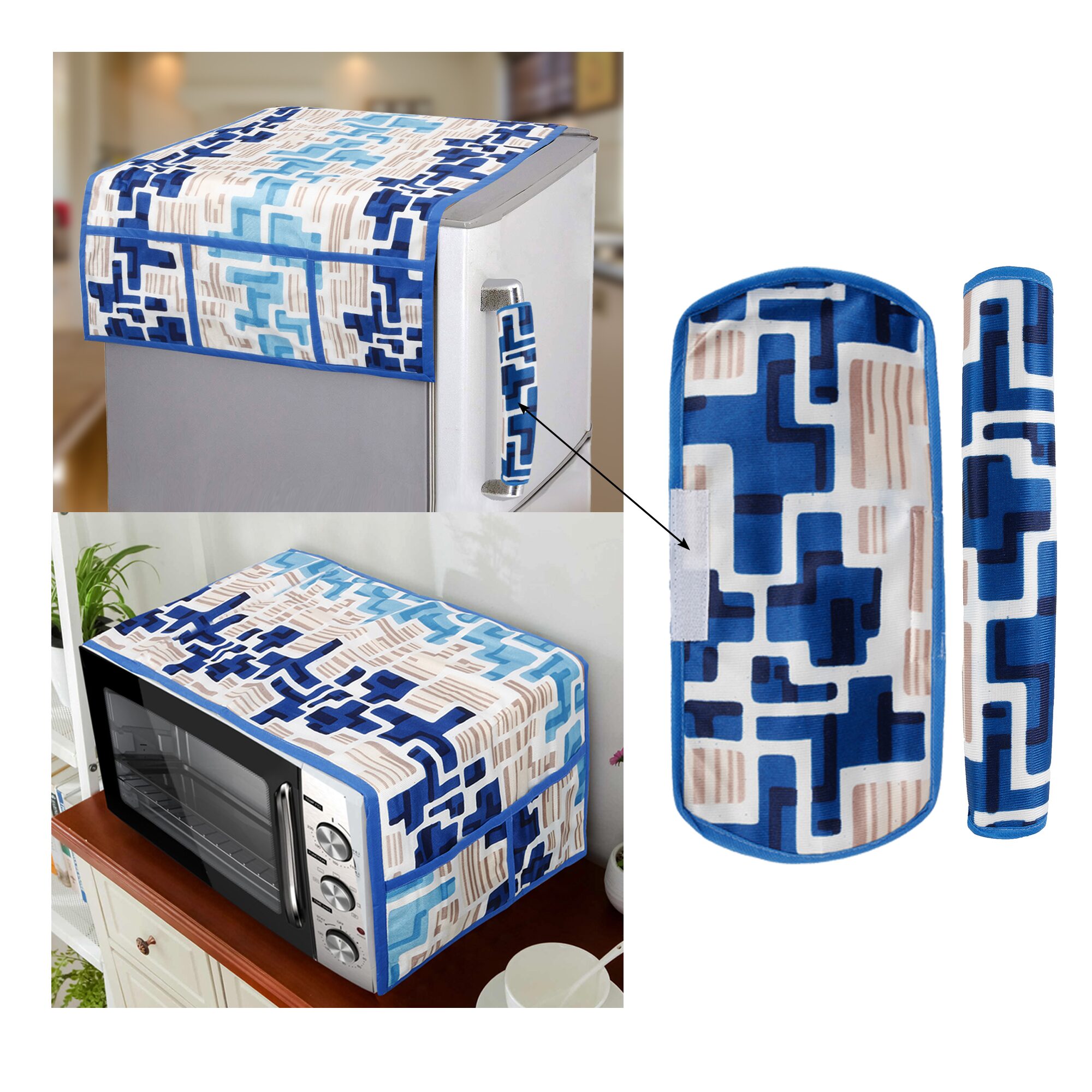 

E-Retailer Combo Set of Polyester 3-Layered Fridge Top Cover with 6 Utility Pockets With 2 pc Fridge Handle Cover And 1 pc Microwave-Oven Top Cover With 4 Pockets (Blue 4 pc Set)