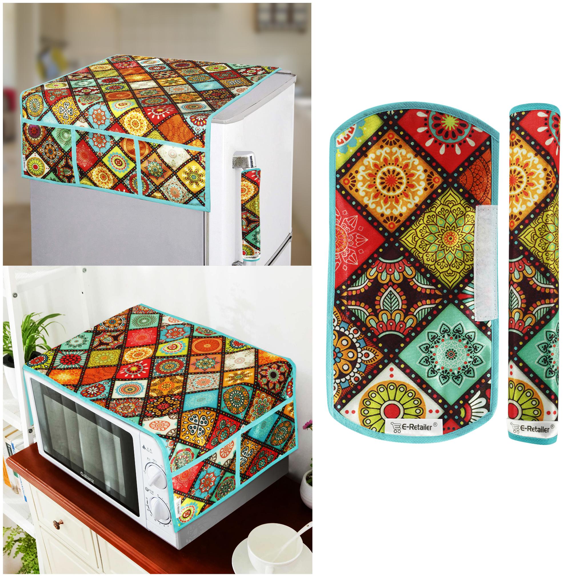

E-Retailer Combo Set of Polyester 3-Layered 1 pc Fridge Top Cover with 6 Utility Pockets 2 pc Fridge Handle Cover And 1pc Microwave-Oven Top Cover (4 pc Set)