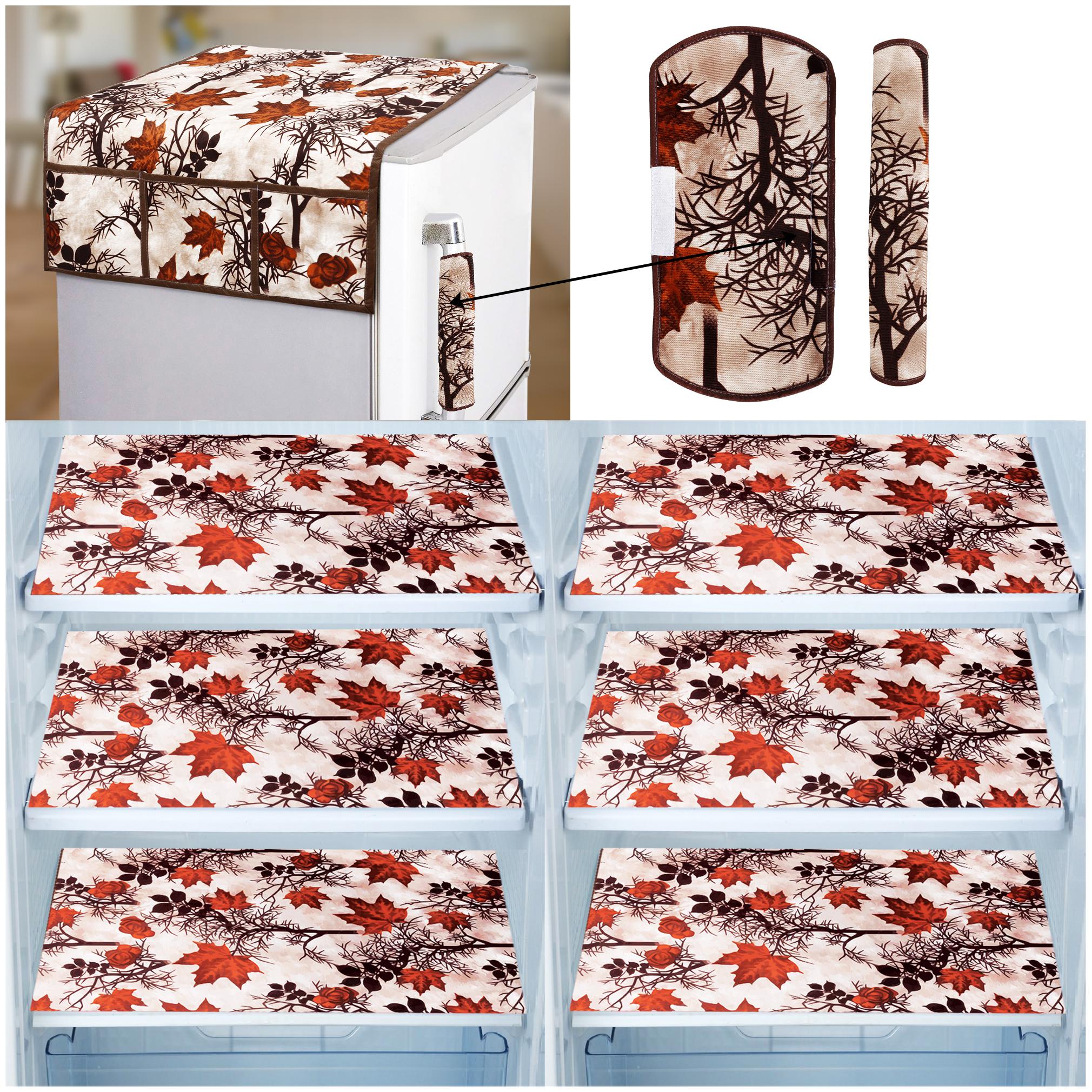

E-Retailer Combo of 1 pc Fridge Top Cover with 6 Utility Pockets 2 pcs Fridge Handle Cover and 6 pcs Fridge Mats (Brown Set of 9)