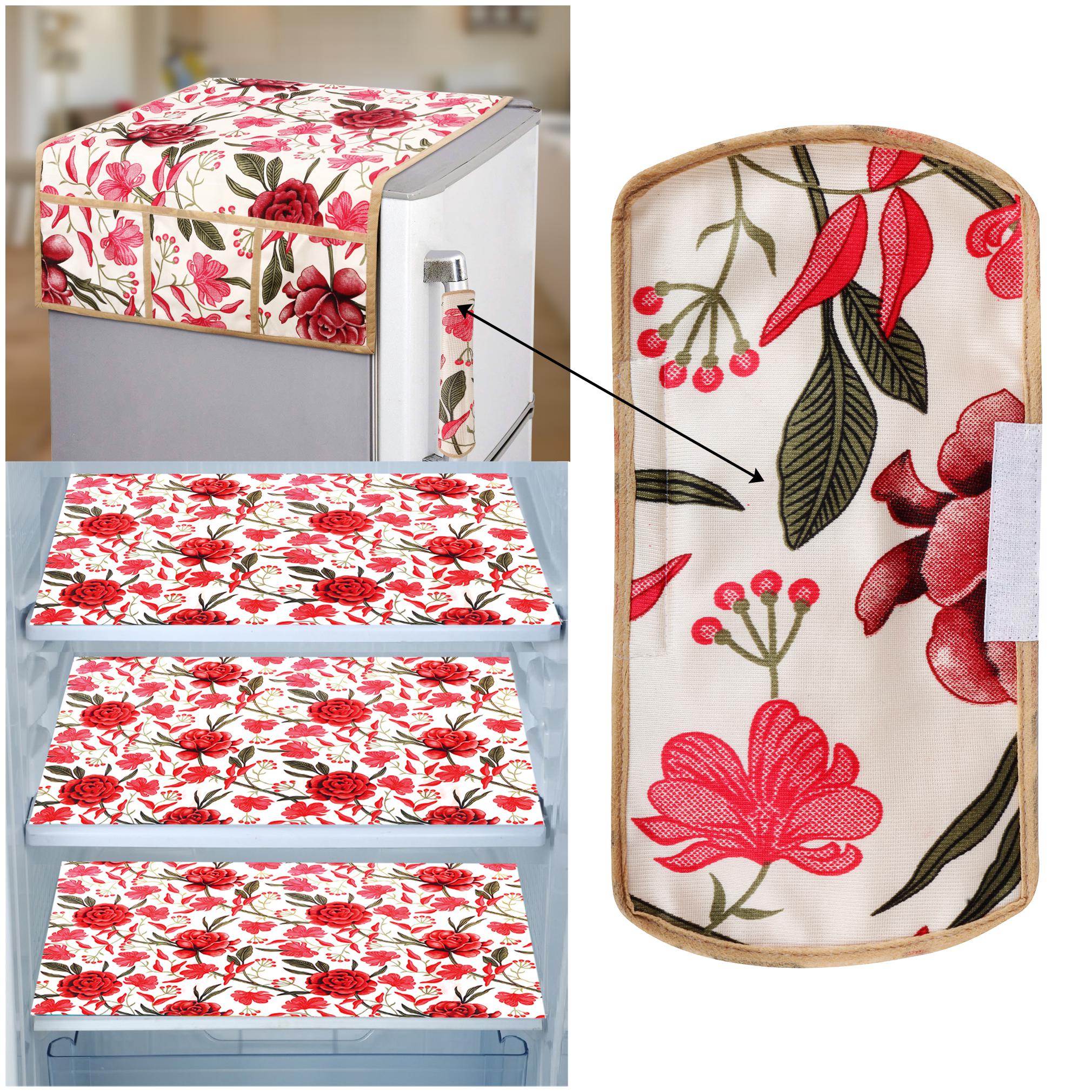 

E-Retailer Combo of 1 pc Fridge Top Cover with 6 Utility Pockets 1 pc Fridge Handle Cover and 3 pcs Fridge Mats (Red Set of 5)