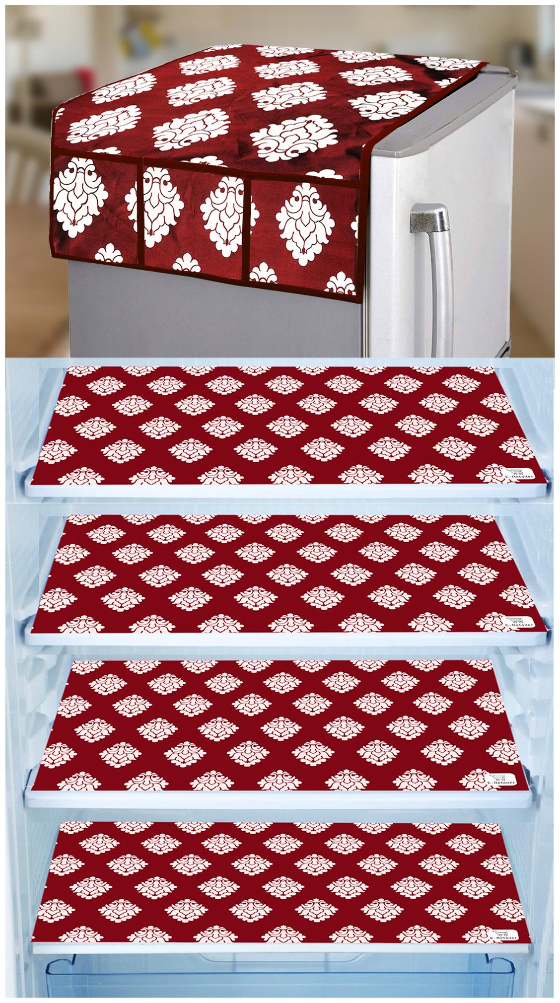 

E-Retailer Combo Set of 1 Pc Fridge Top Cover with 6 Utility Pockets And 4 Pc Fridge Mats (Maroon Set of 5)