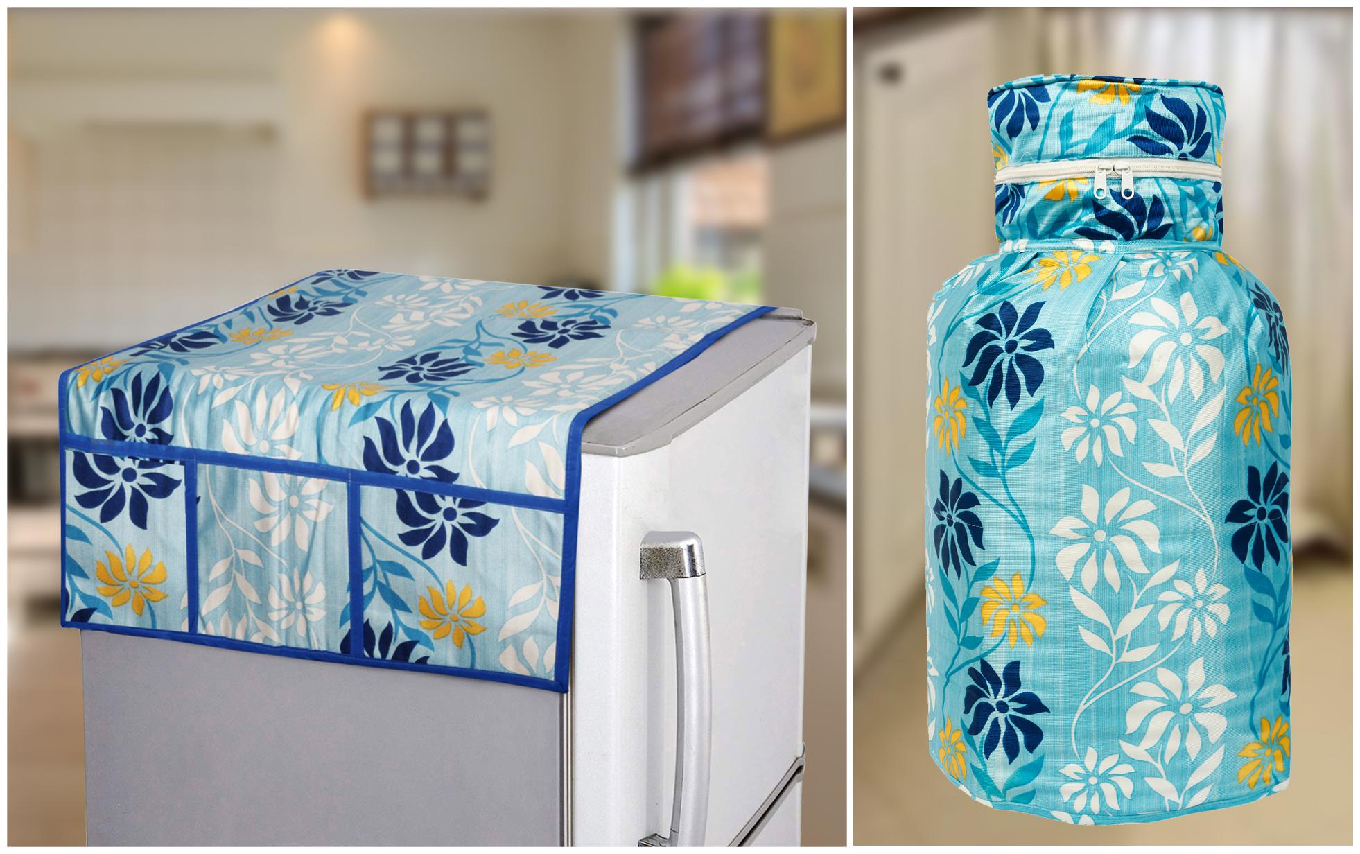 

E-Retailer Combo Set of Polyester 3-Layered Fridge Top Cover with 6 Utility Pockets And 1pc Cylinder Cover (WhiteBlue Set of 2 pcs)