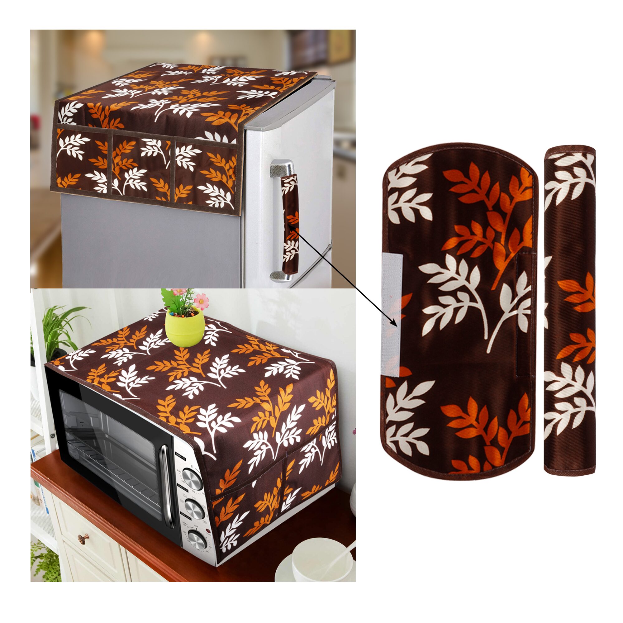 

E-Retailer Combo Set of Polyester 3-Layered Fridge Top Cover with 6 Utility Pockets With 2 pc Fridge Handle Cover And 1 pc Microwave-Oven Top Cover With 4 Pockets (Brown 4 pc Set)