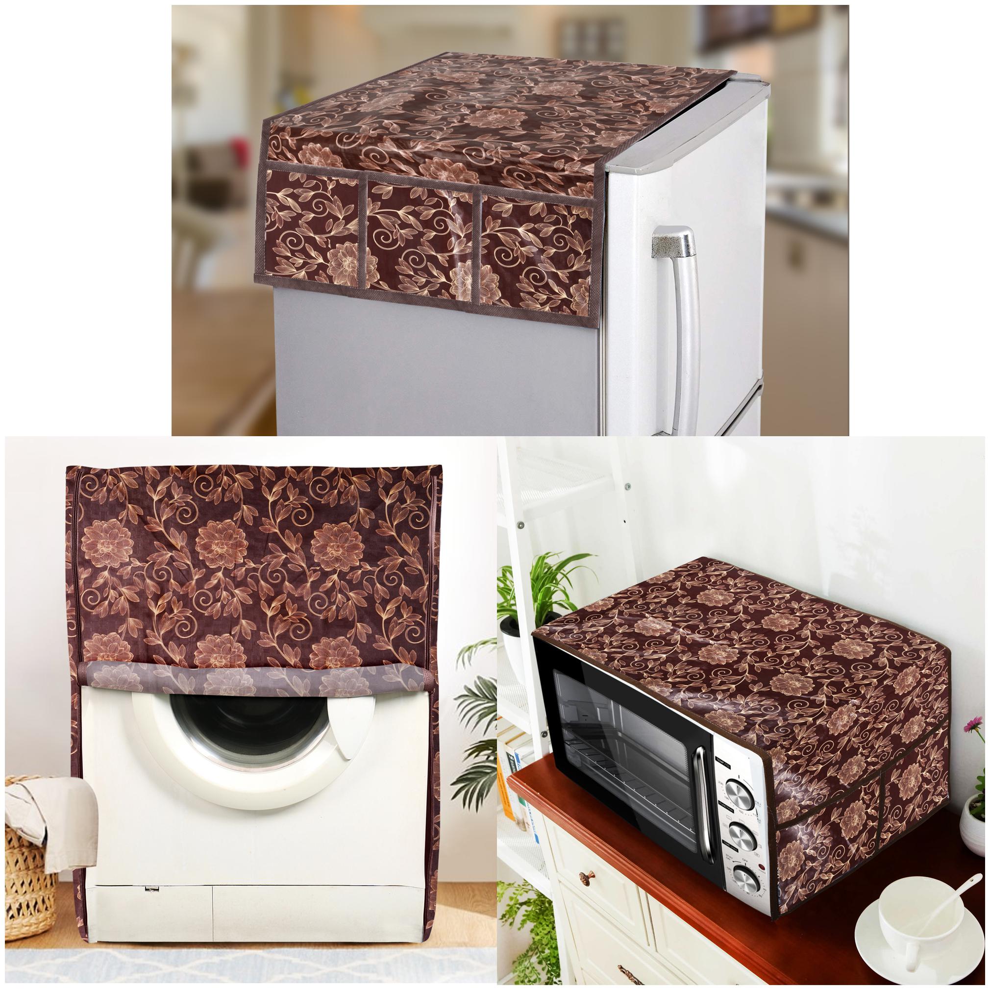 

E-Retailer Combo Set of PVC Water Proof Fridge Top Cover with 6 Utility Pockets 1Pc Microwave-Oven Top Cover With 4 Pockets And 1Pc Front Load Washing Machine Cover (BrownGold 3 Pc Set)