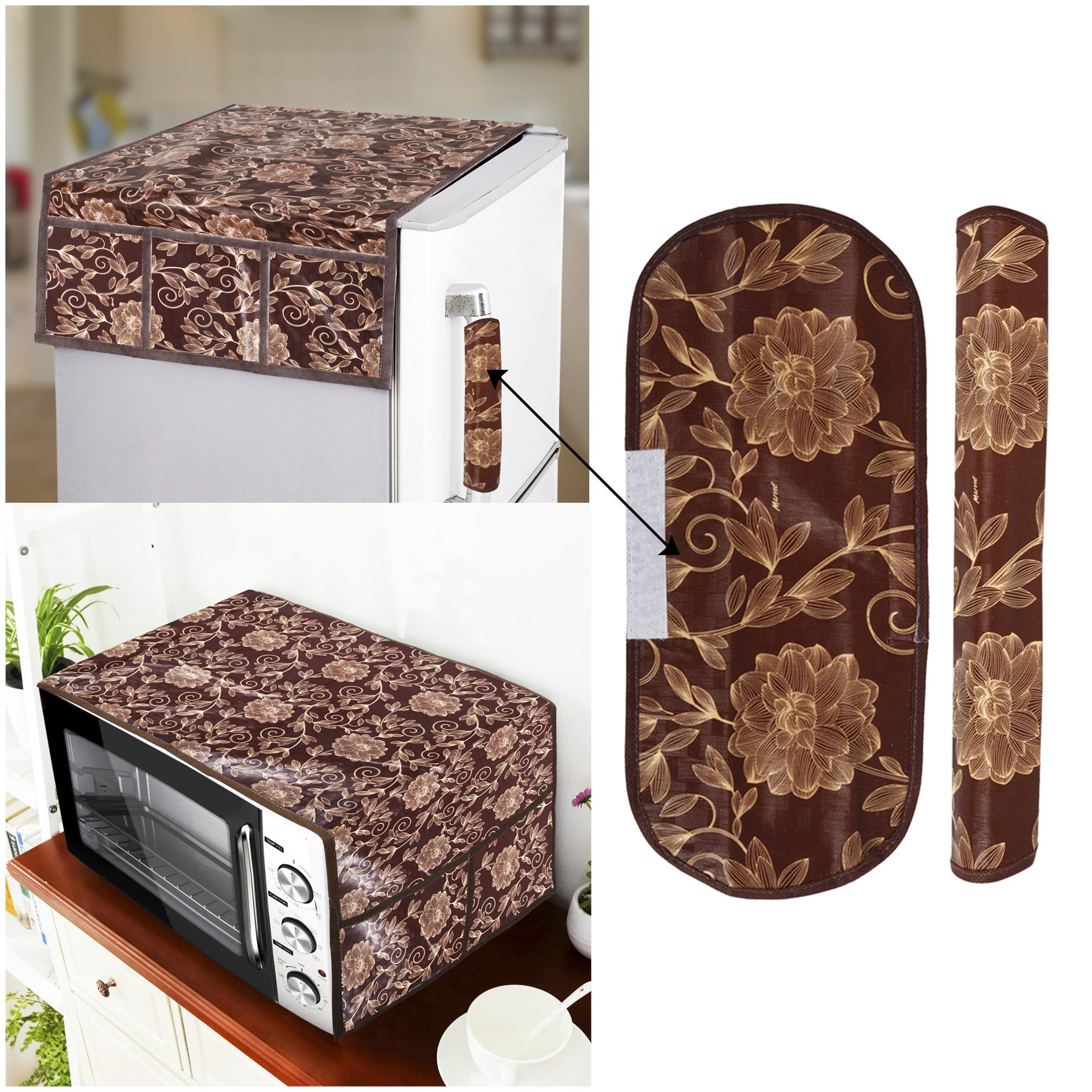 

E-Retailer Combo Set of Polyester 3-Layered 1pc Fridge Top Cover with 6 Utility Pockets 2pcs Fridge Handle Cover And 1pc Microwave-Oven Top Cover With 4 Pockets (Brown 4pcs Set)