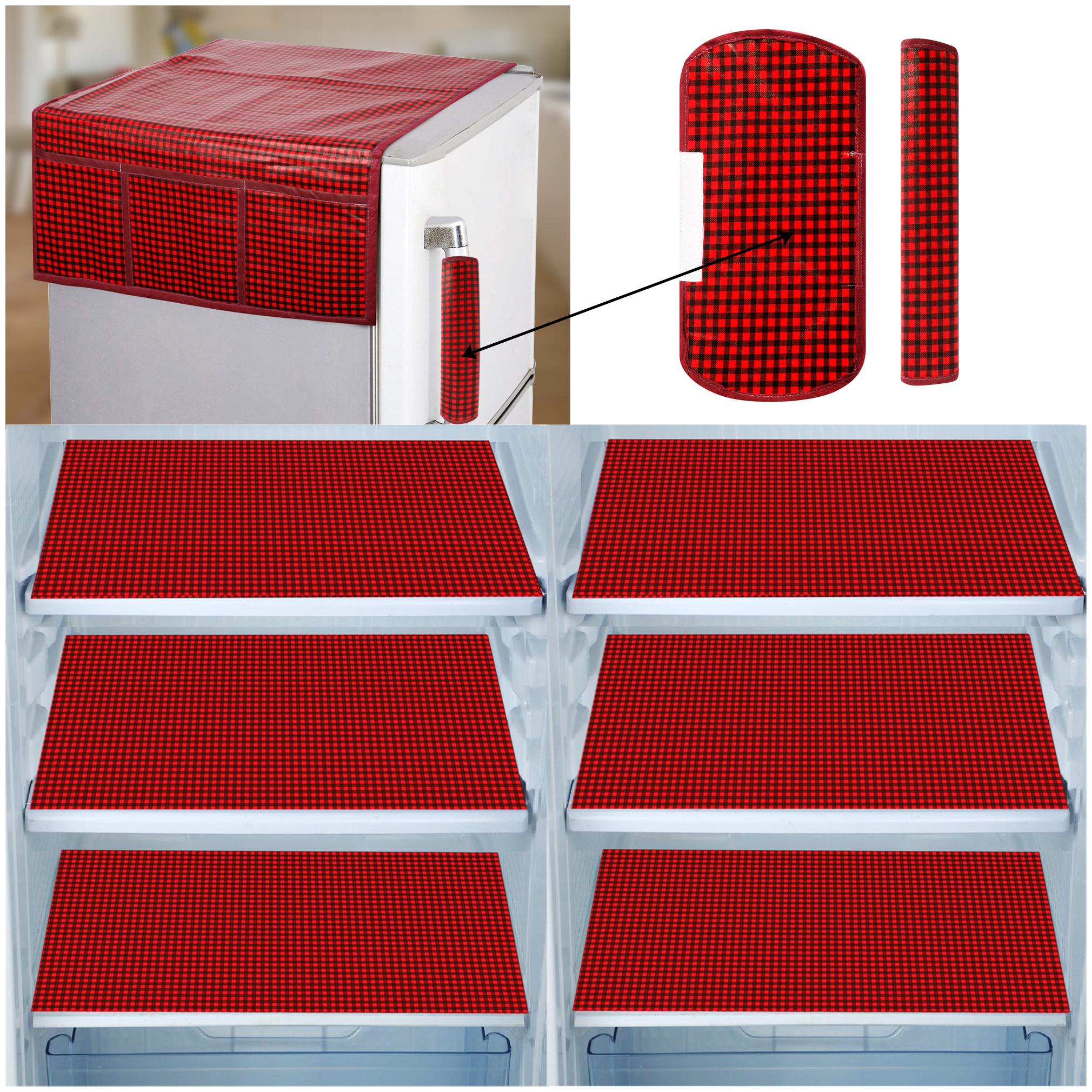 

E-Retailer Combo of 1 pc Fridge Top Cover with 6 Utility Pockets 2 pcs Fridge Handle Cover and 6 pcs Fridge Mats (Red Set of 9)