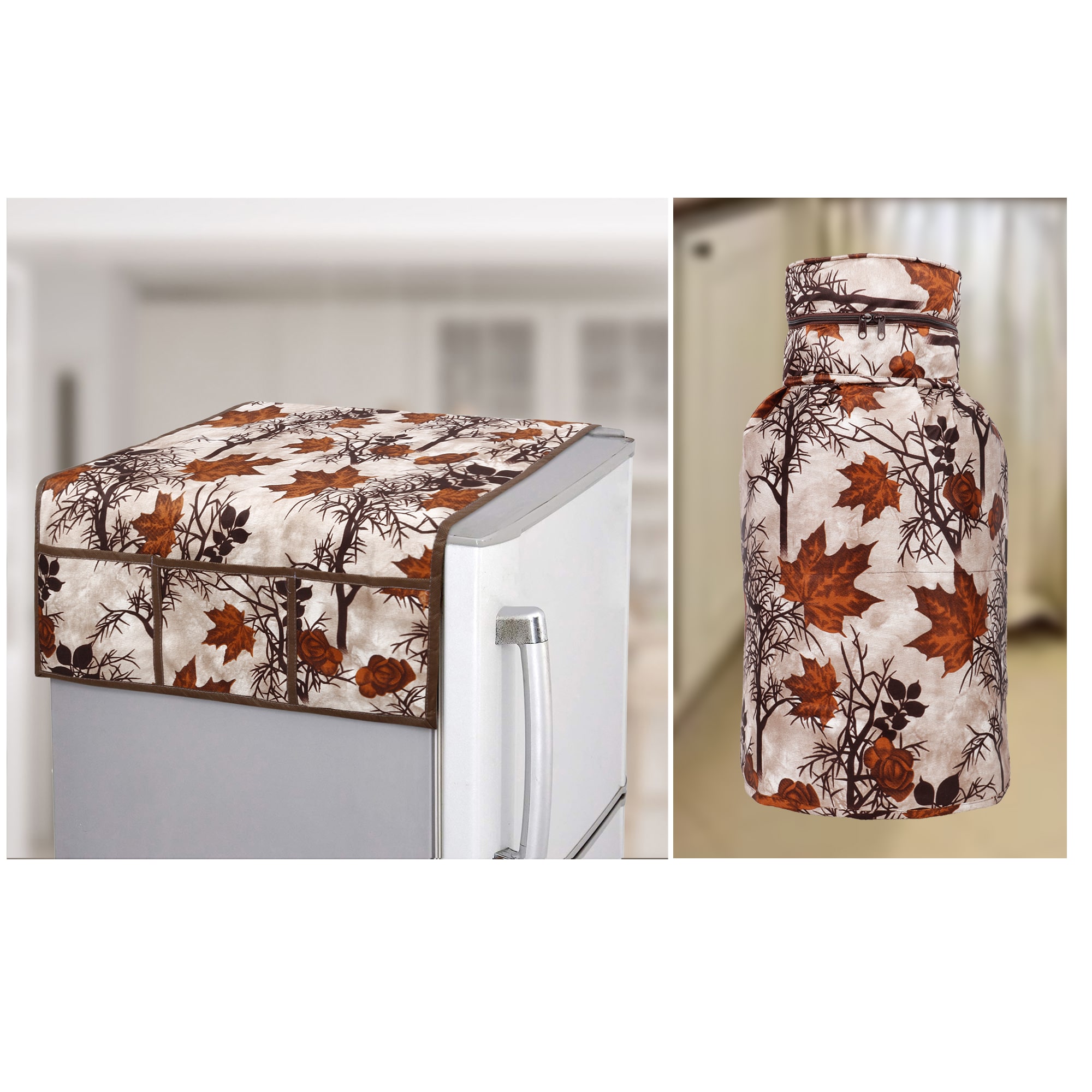 

E-Retailer Polyester 3-Layered Fridge Top Cover with 6 Utility Pockets And 1pc Cylinder Cover- Set Of 2