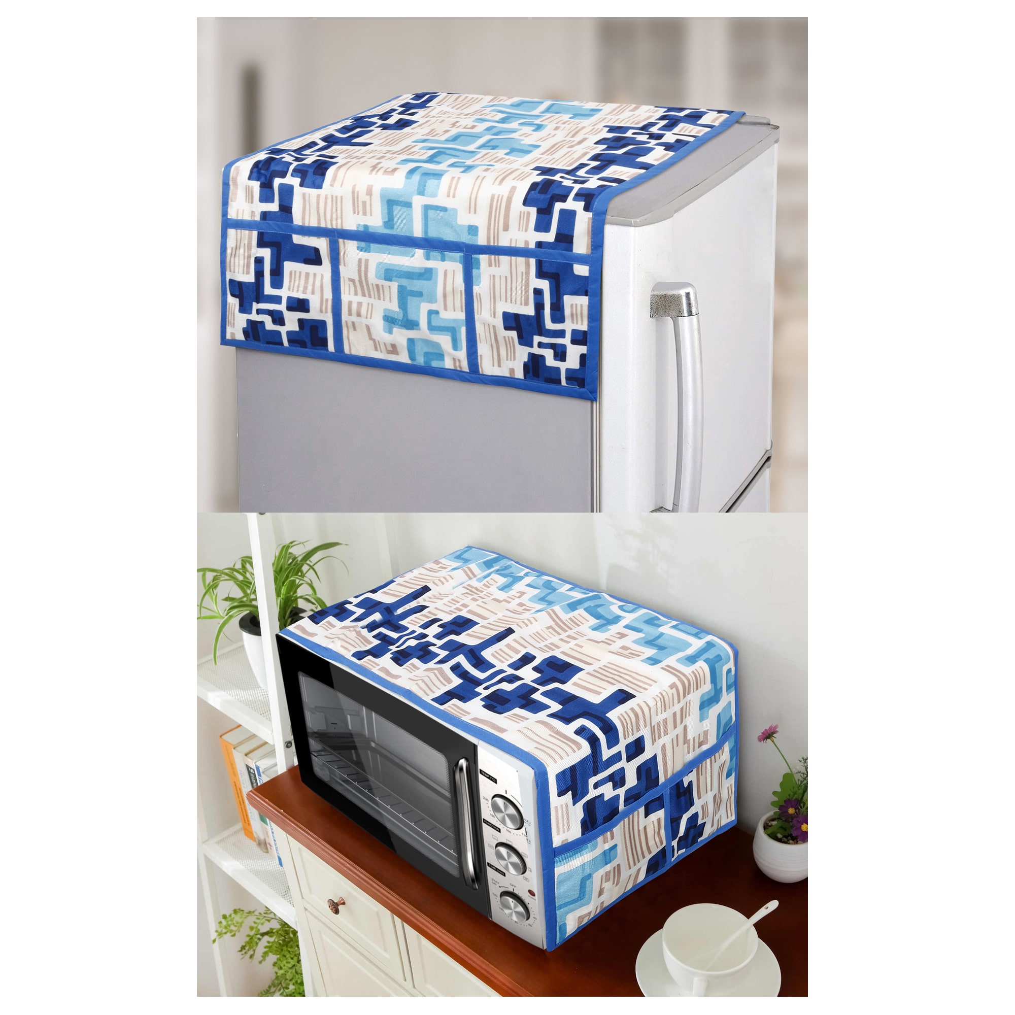 

E-Retailer Polyester 3-Layered Fridge Top Cover with 6 Utility Pockets and 1 Pc Microwave-Oven Top Cover with 4 Utility Pockets- Set of 2