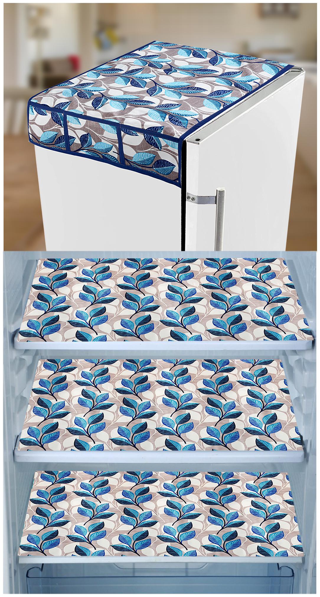 

E-Retailer Set of 1 pc Fridge Top Cover with 6 Utility Pockets And 3 pcs Fridge Mats (Blue Set of 4)