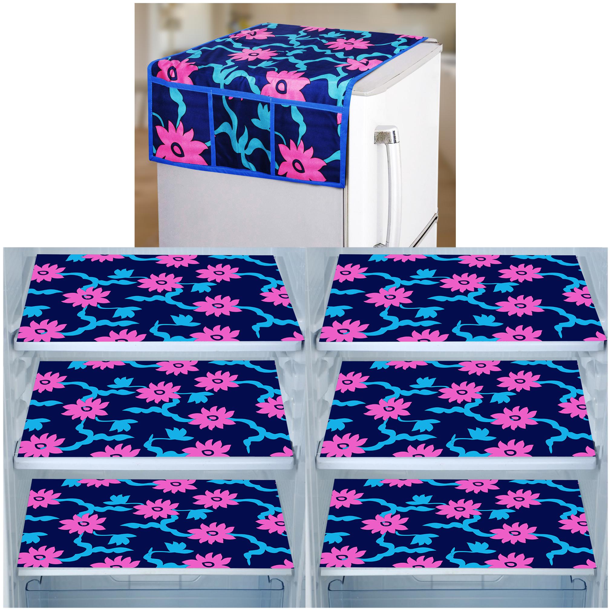 

E-Retailer Set of 1 pc Fridge Top Cover with 6 Utility Pockets And 6 pcs Fridge Mats (PinkBlue Set of 7)