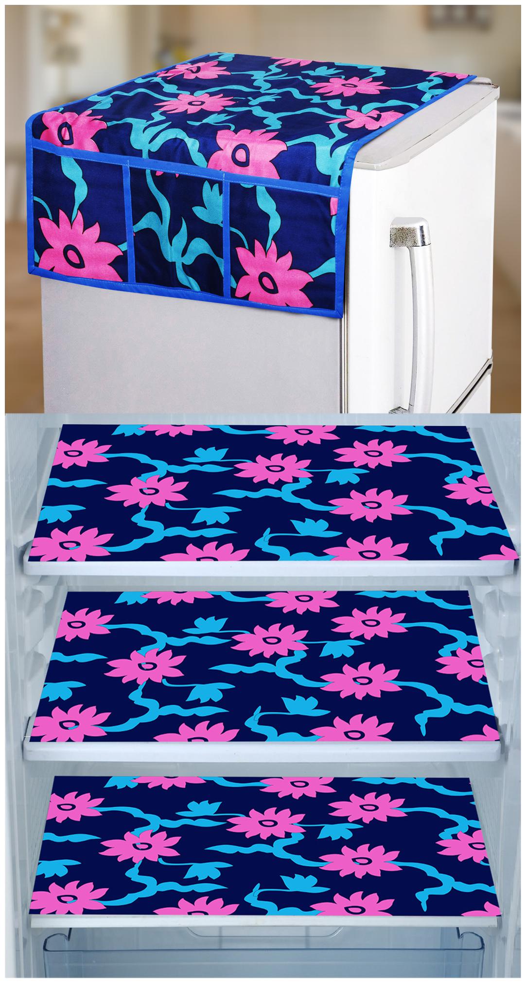 

E-Retailer Set of 1 pc Fridge Top Cover with 6 Utility Pockets And 3 pcs Fridge Mats (PinkBlue Set of 4)