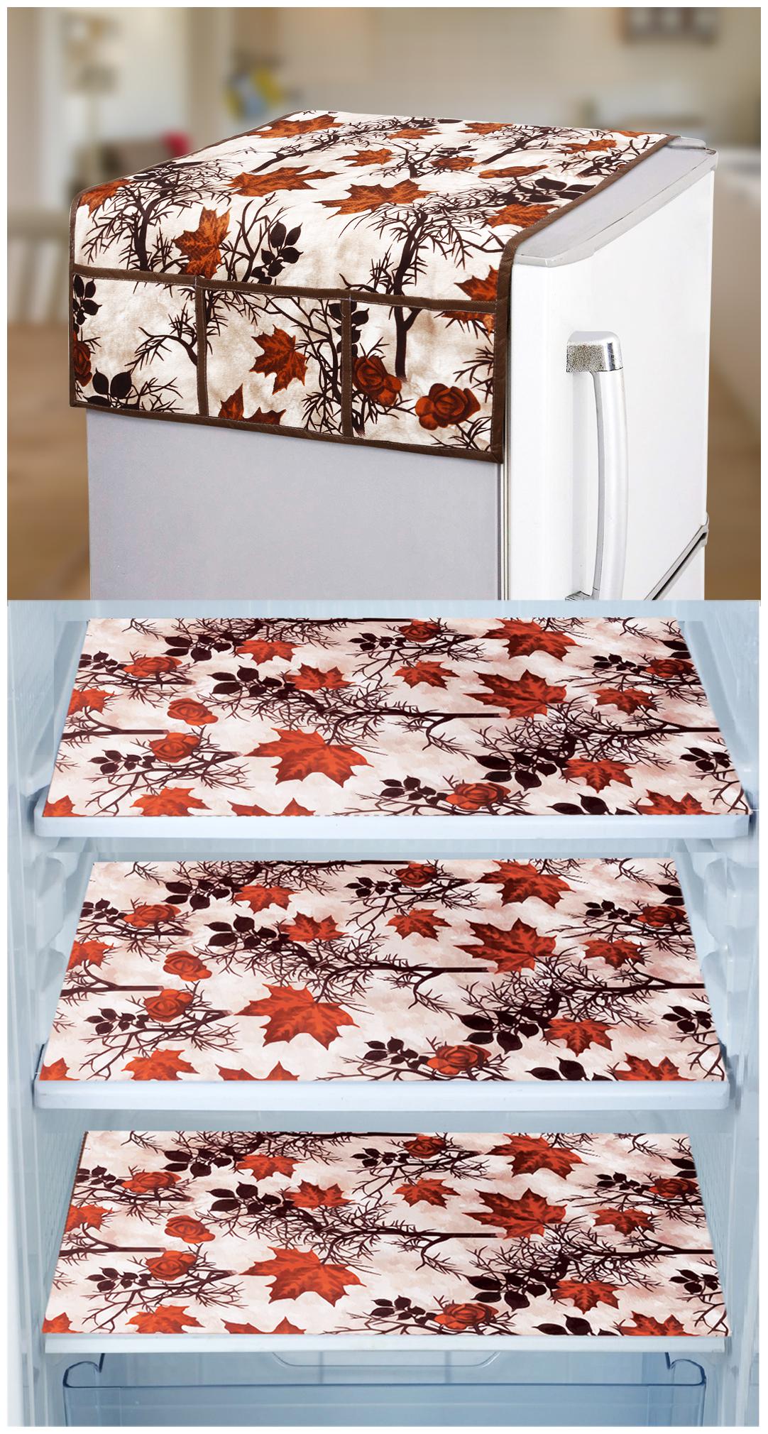 

E-Retailer Set of 1 pc Fridge Top Cover with 6 Utility Pockets And 3 pcs Fridge Mats (Brown Set of 4)