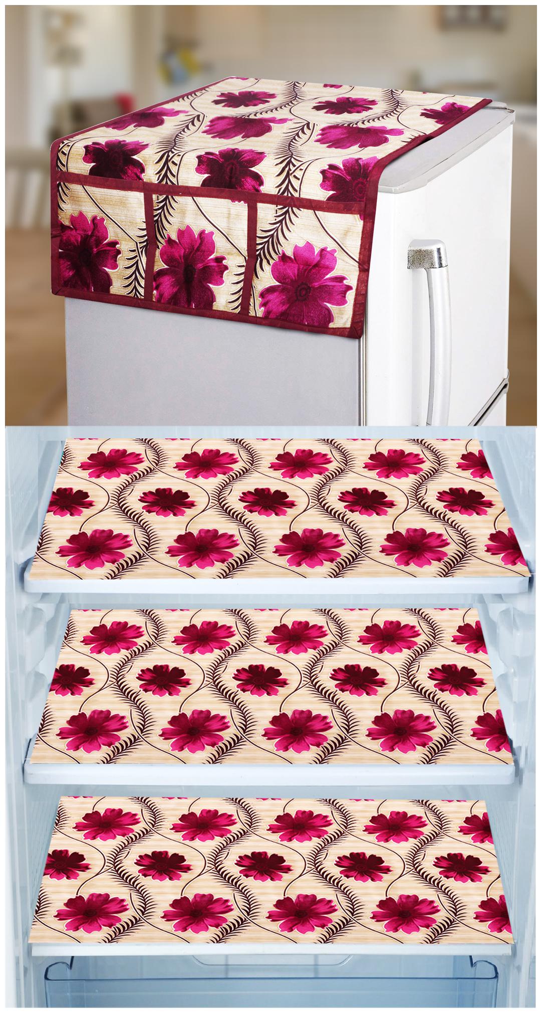 

E-Retailer Set of 1 pc Fridge Top Cover with 6 Utility Pockets And 3 pcs Fridge Mats (Golden Set of 4)