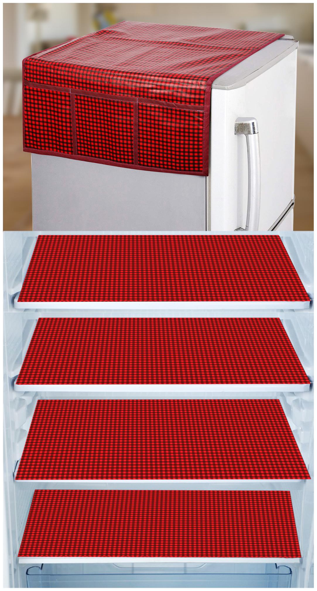 

E-Retailer Set of 1 pc Fridge Top Cover with 6 Utility Pockets And 4 pcs Fridge Mats (Red Set of 5)