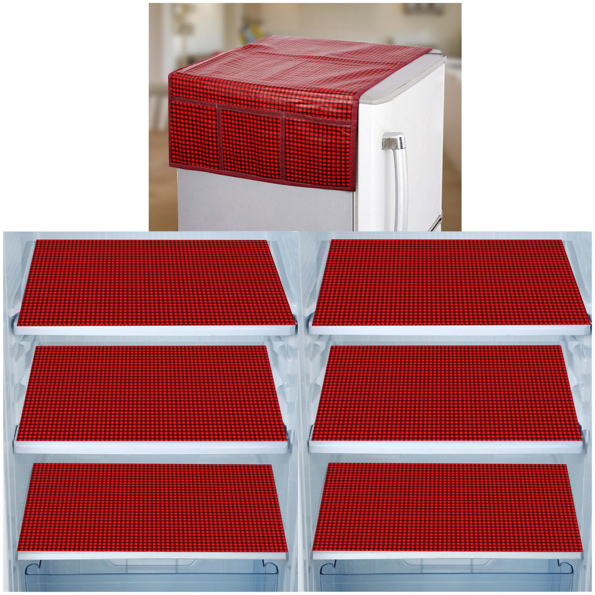

E-Retailer Set of 1 pc Fridge Top Cover with 6 Utility Pockets And 6 pcs Fridge Mats (Red Set of 7)