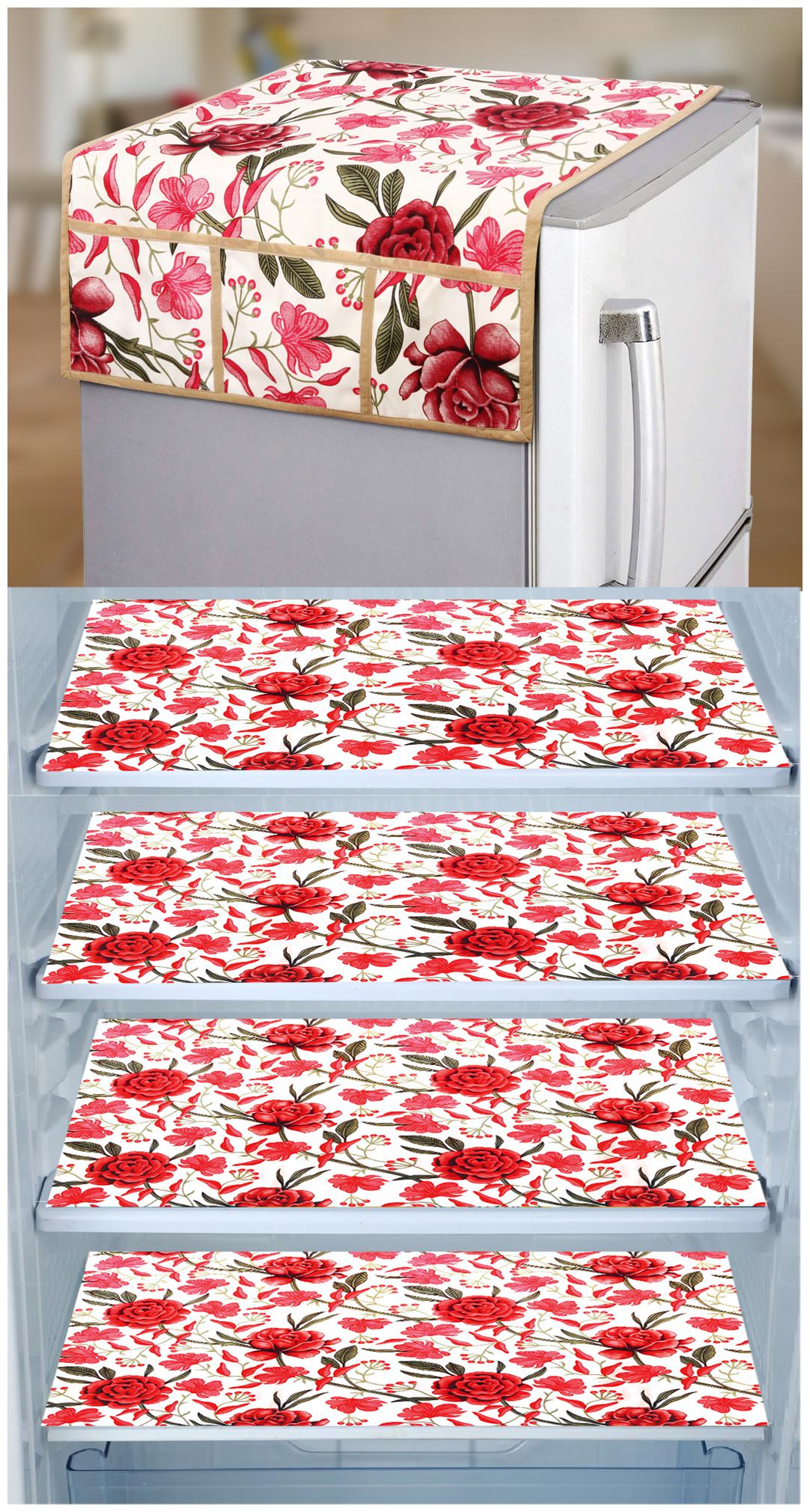 

E-Retailer Set of 1 pc Fridge Top Cover with 6 Utility Pockets And 4 pcs Fridge Mats (Red Set of 5)