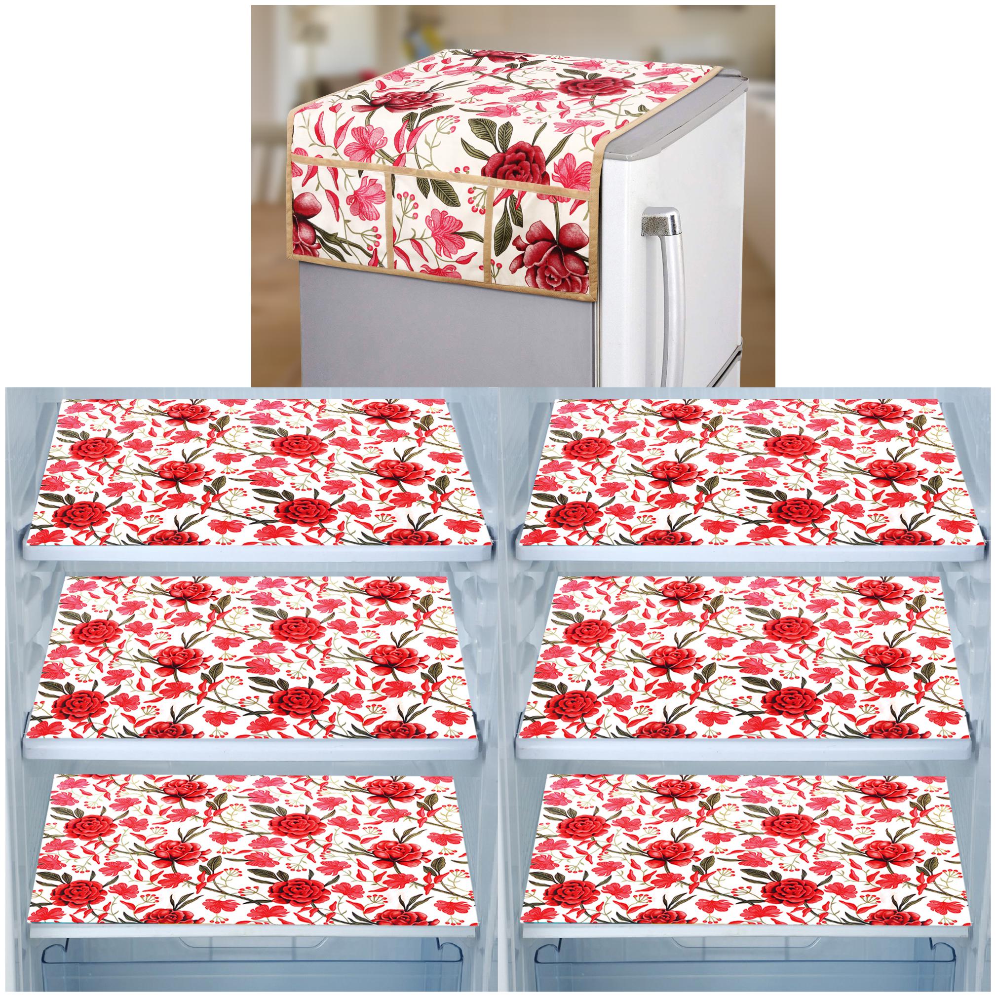 

E-Retailer Set of 1 pc Fridge Top Cover with 6 Utility Pockets And 6 pcs Fridge Mats (Red Set of 7)