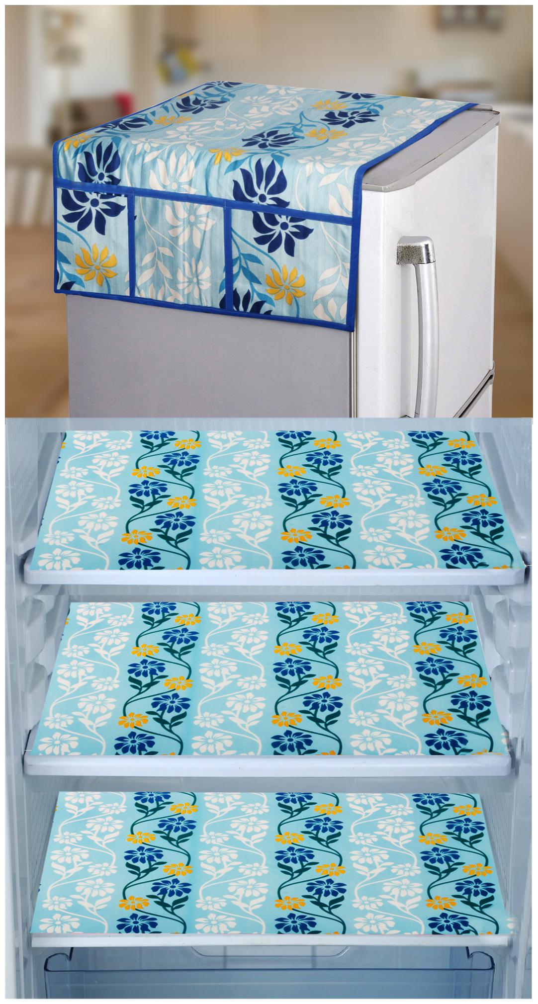 

E-Retailer Set of 1 pc Fridge Top Cover with 6 Utility Pockets And 3 pcs Fridge Mats (WhiteBlue Set of 4)