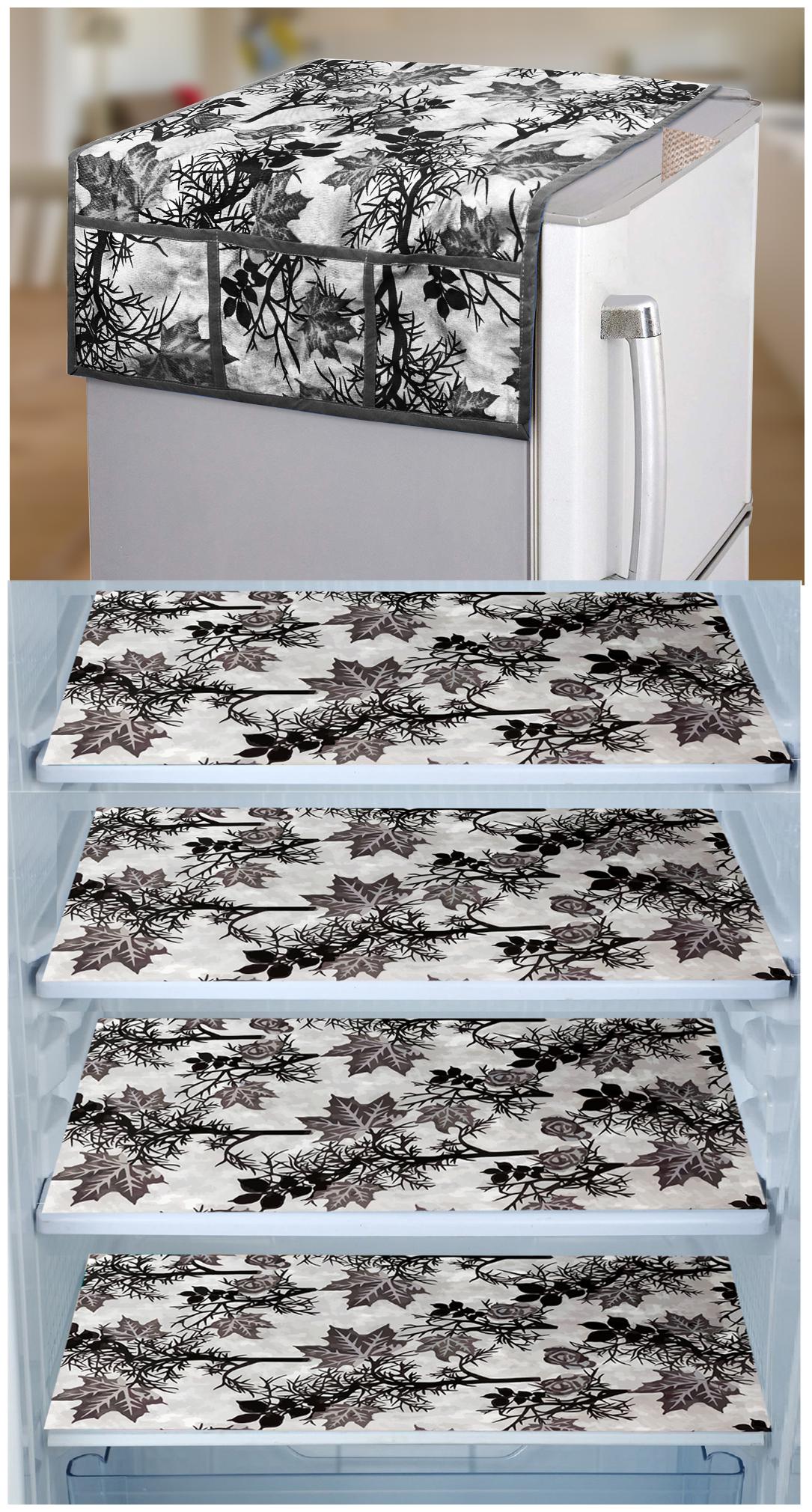 

E-Retailer Set of 1 pc Fridge Top Cover with 6 Utility Pockets And 4 pcs Fridge Mats (Black Set of 5)