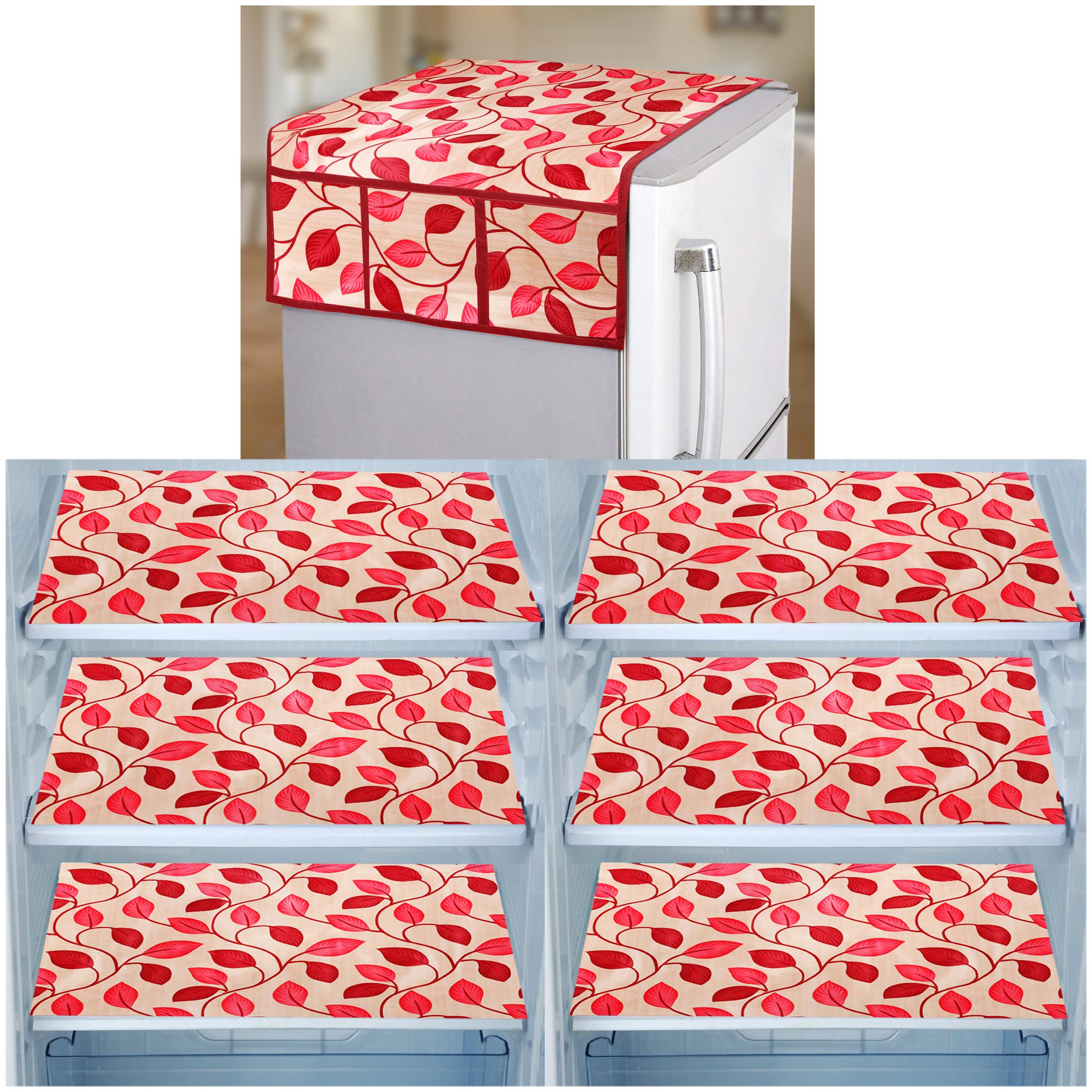 

E-Retailer Set of 1 pc Fridge Top Cover with 6 Utility Pockets And 6 pcs Fridge Mats (Red Set of 7)