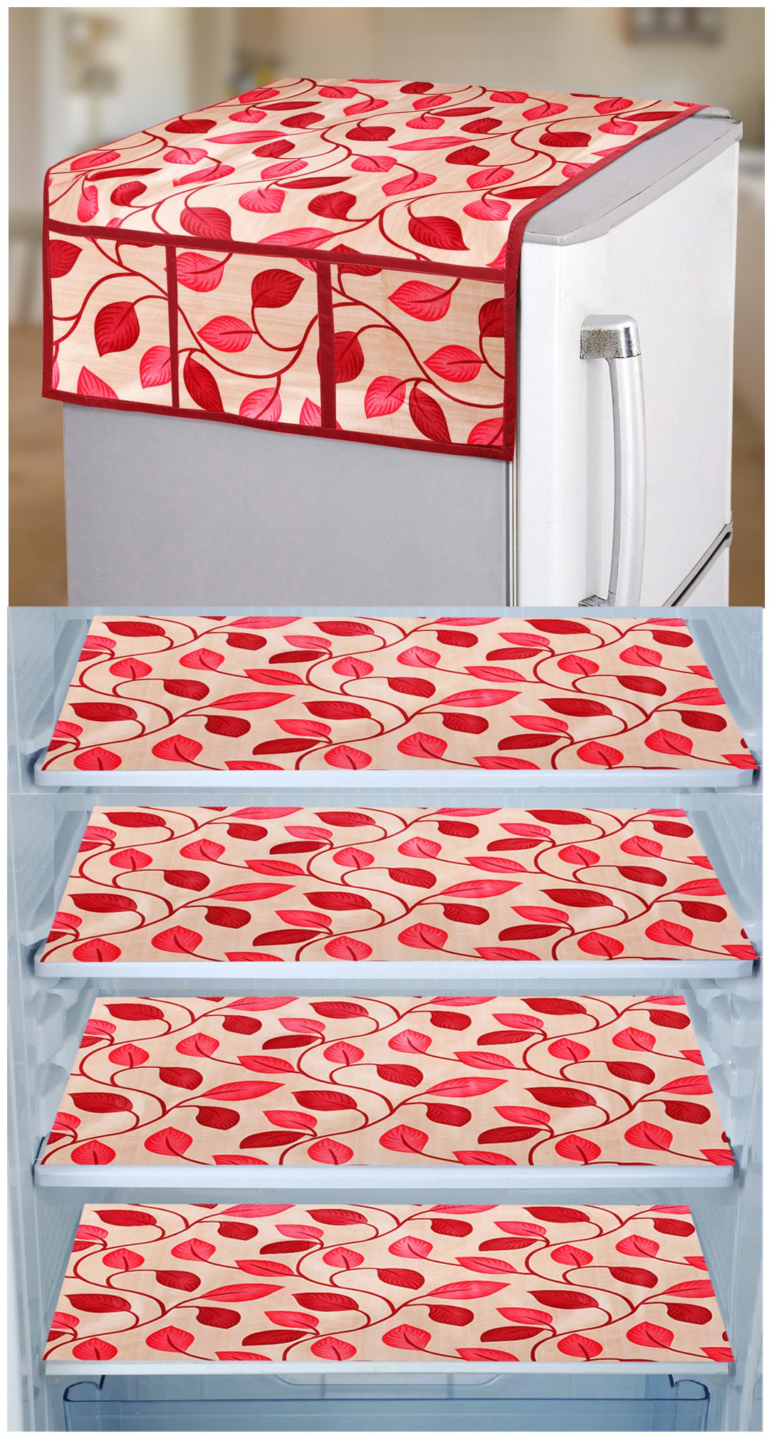 

E-Retailer Set of 1 pc Fridge Top Cover with 6 Utility Pockets And 4 pcs Fridge Mats (Red Set of 5)