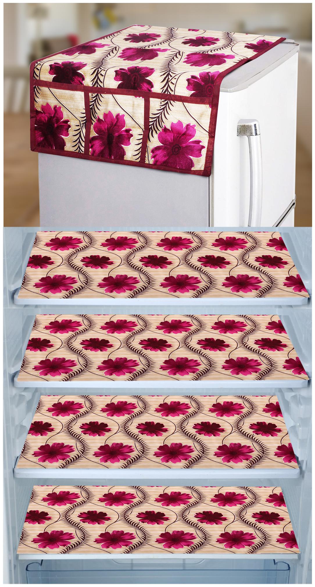

E-Retailer Set of 1 pc Fridge Top Cover with 6 Utility Pockets And 4 pcs Fridge Mats (Golden Set of 5)