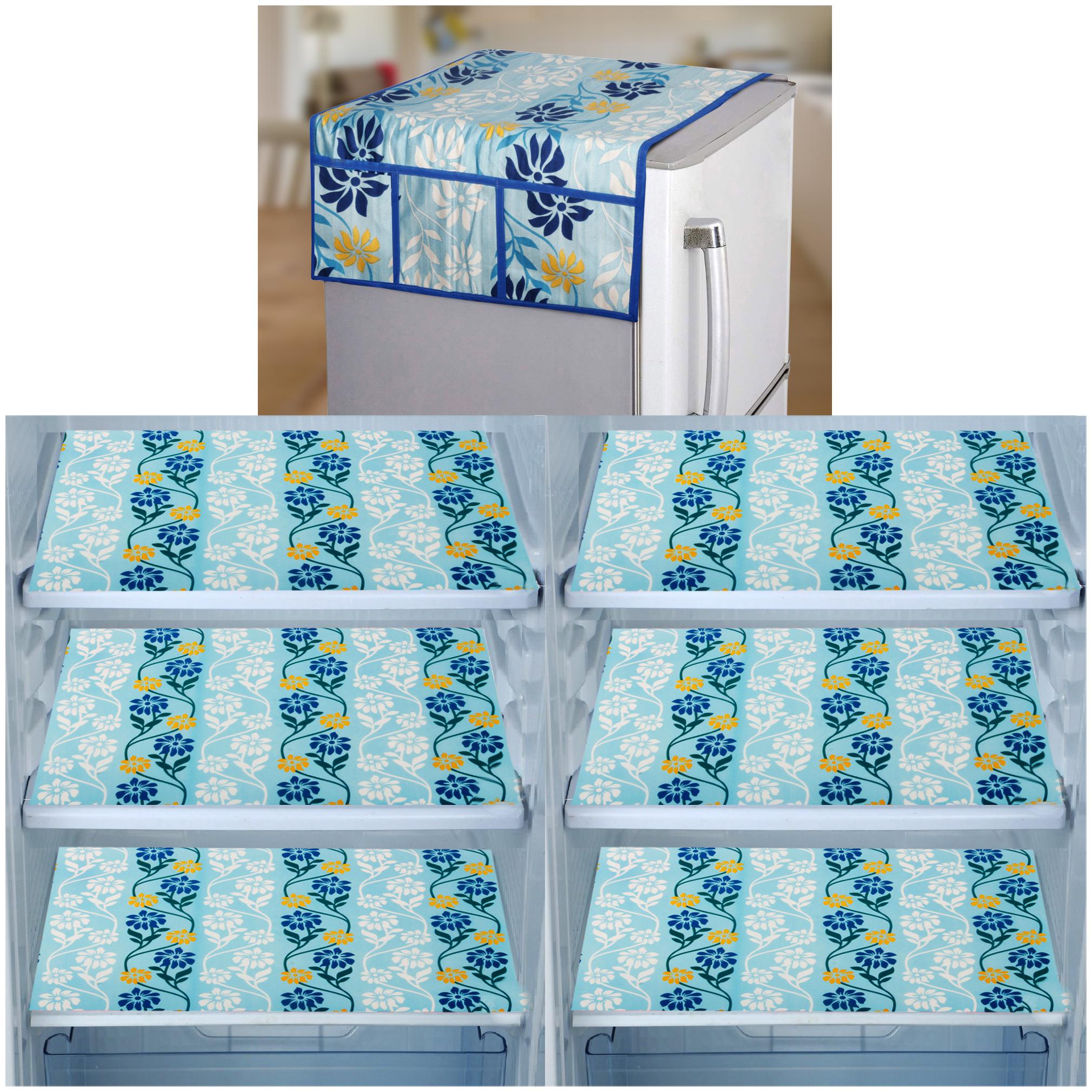 

E-Retailer Set of 1 pc Fridge Top Cover with 6 Utility Pockets And 6 pcs Fridge Mats (WhiteBlue Set of 7)