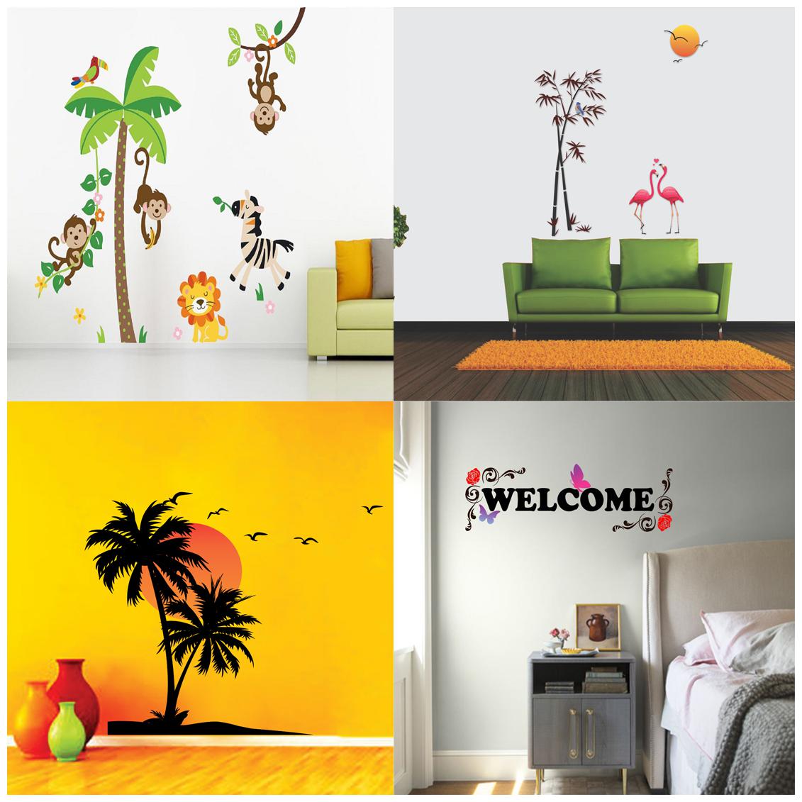 

EJA Art Combo of 4 Wall Sticker Jungle Sunset Swan Love Beach With Sunset Welcome