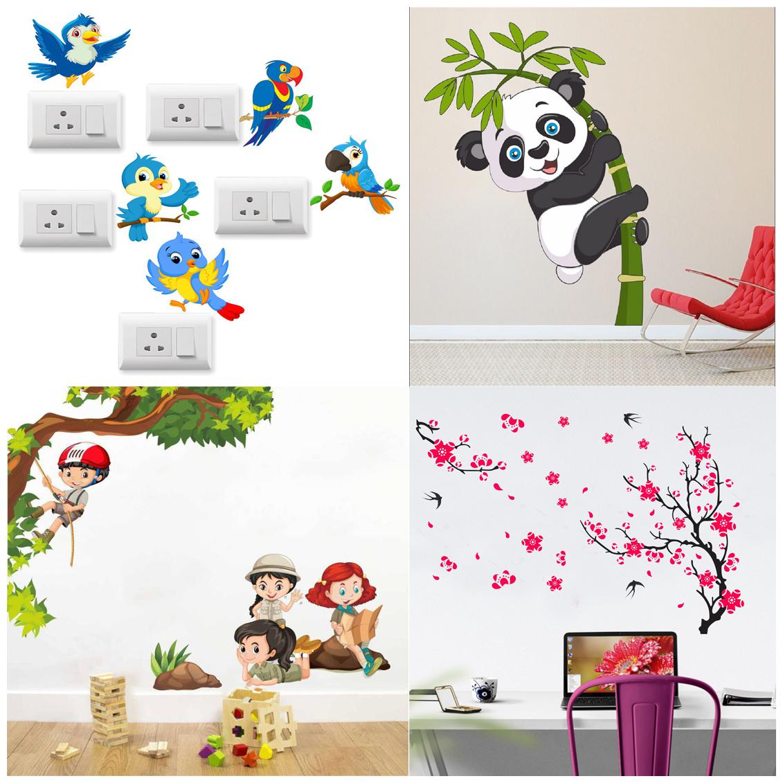 

EJA Art Combo of 4 Wall Sticker SB Twitter Bird Baby Panda Kids Activity Different Tree With Flower