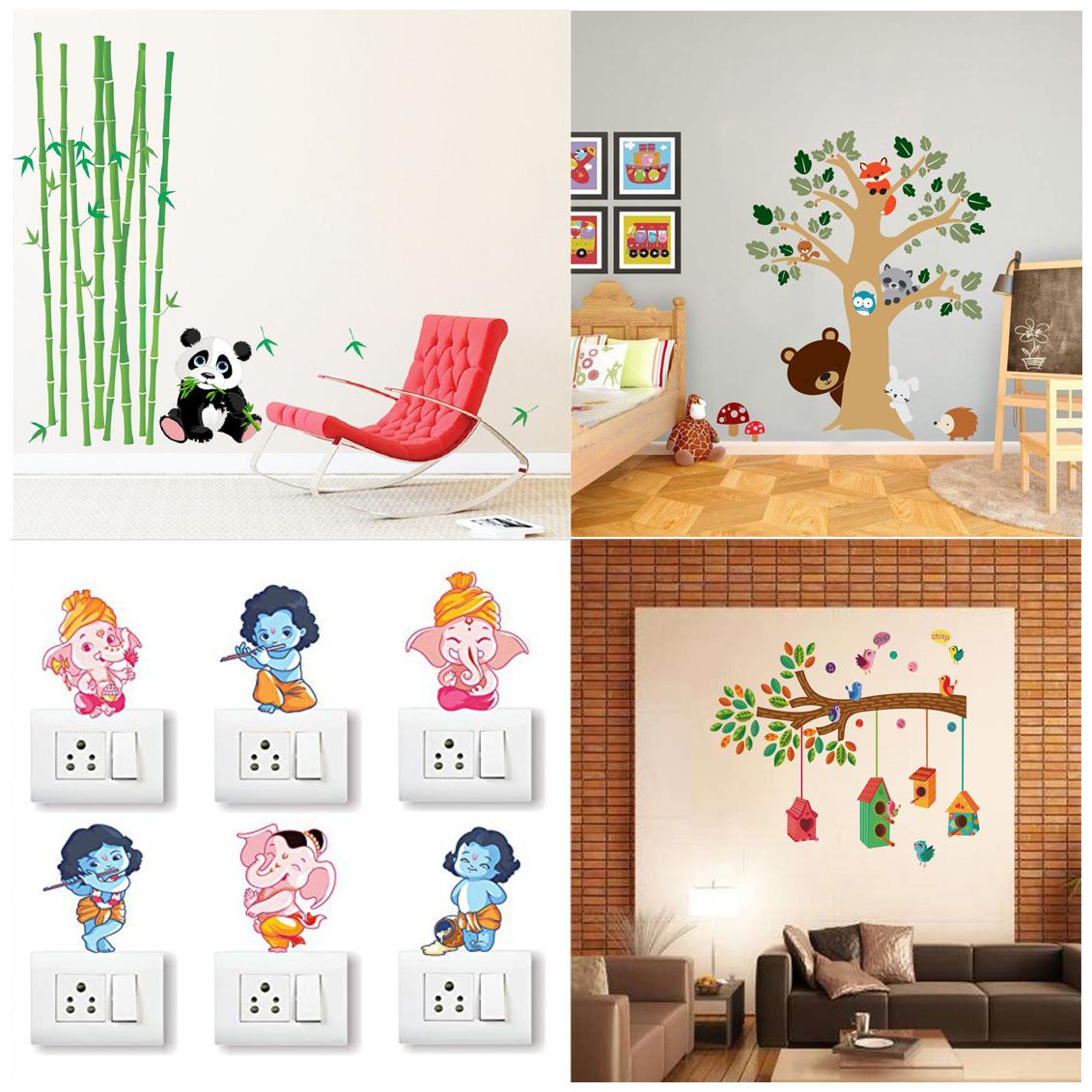 

EJA Art Combo of 4 Wall Sticker Panda With Bamboo Sticks Bird House On A Branch Animal Tree SB Ganesh And Friends