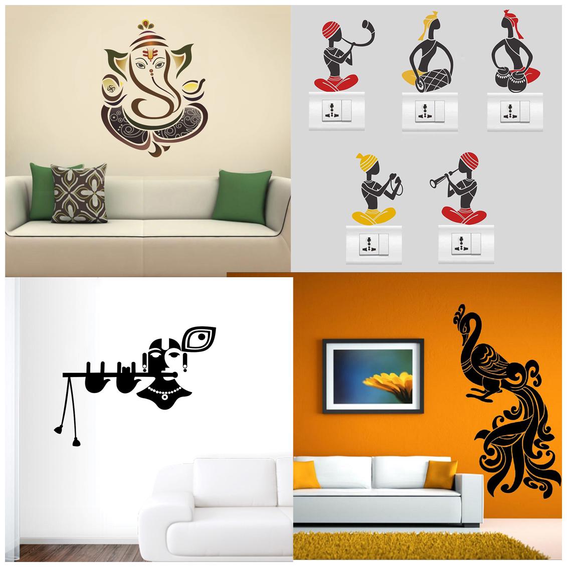 

EJA Art Combo of 4 Wall Sticker Loard Ganesha Sb Folk Band Lord Krishna Peacock