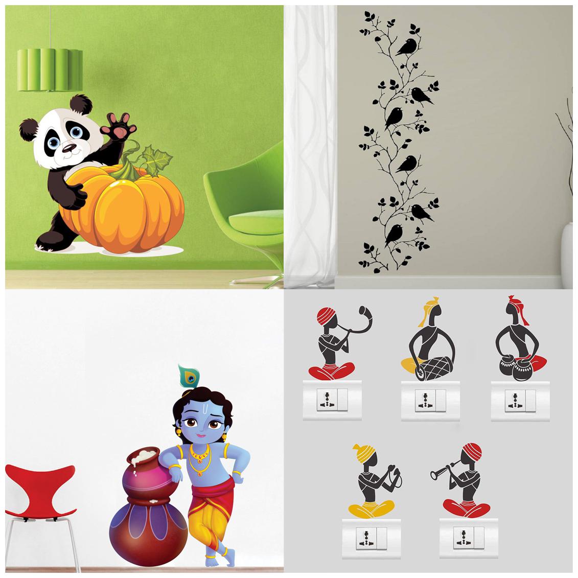

EJA Art Combo of 4 Wall Sticker Pumpkin Panda Bird Vine Makhanchor Sb Folk Band