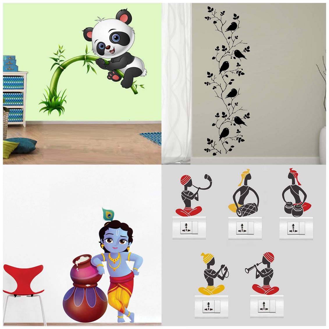 

EJA Art Combo of 4 Wall Sticker Cute Panda On Tree Bird Vine Makhanchor Sb Folk Band