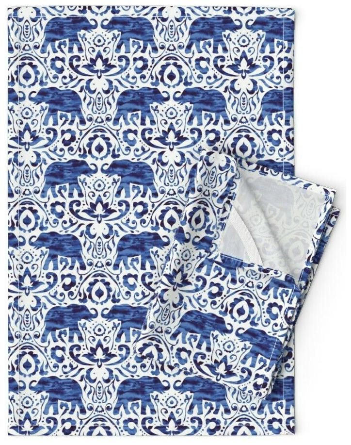 

Elephant Damask Indigo Blue Linen Cotton Tea Towels by Roostery Set of 2
