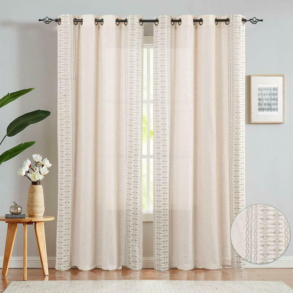 

Embroidered Window Curtains Flax Linen Textured Geometry Lattice 2 Panels