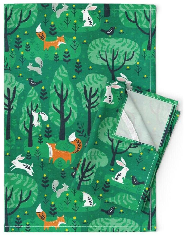 

Emerald Forest And Foxes Animal Linen Cotton Tea Towels by Roostery Set of 2