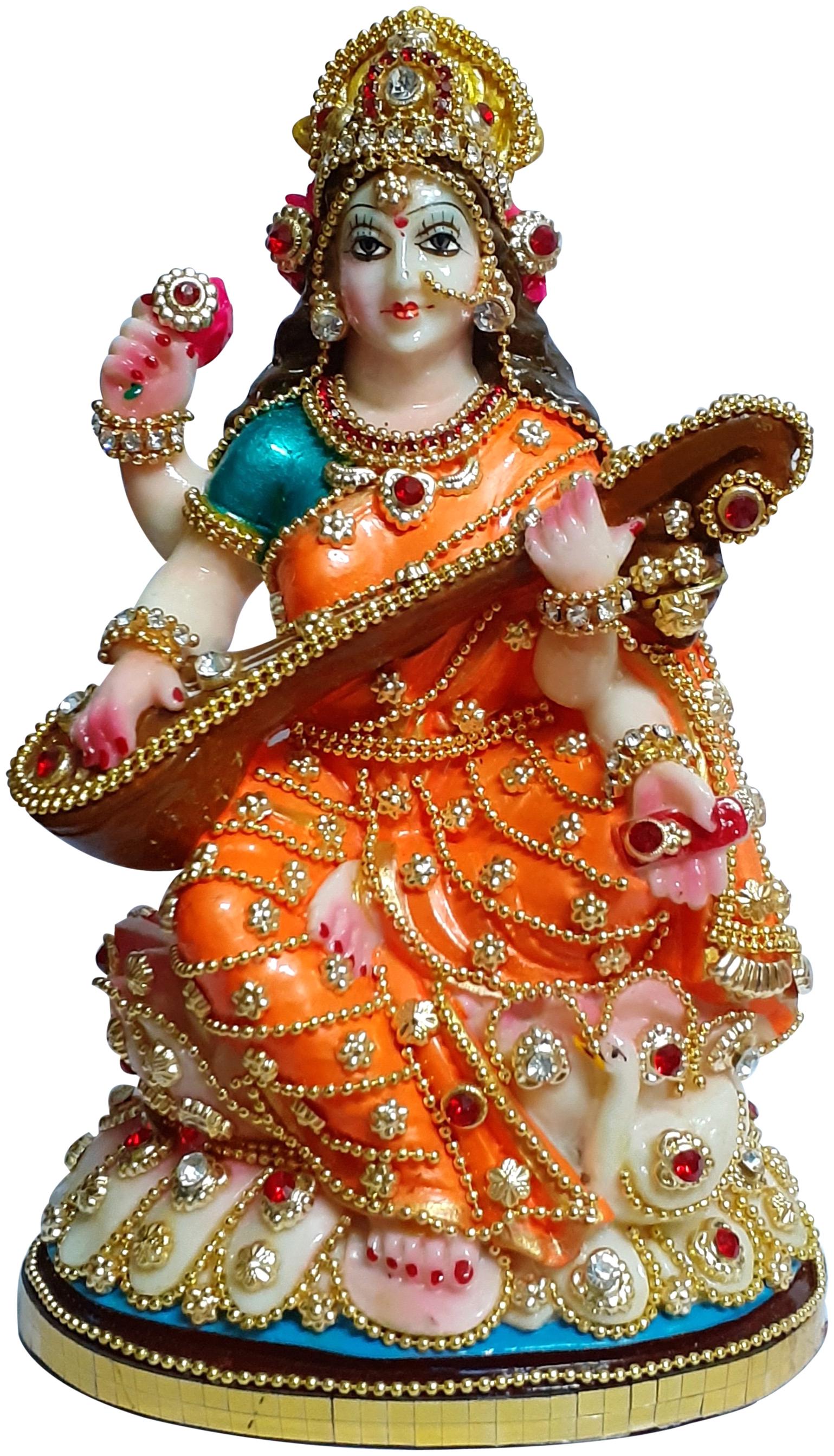 

ESVAR STONECRAFT SARASWATI JI WITH DECORATION DECORATIVE SHOWPIECE (Orange Colour) (H x W x D 15 cm X 10 cm X 5 cm)