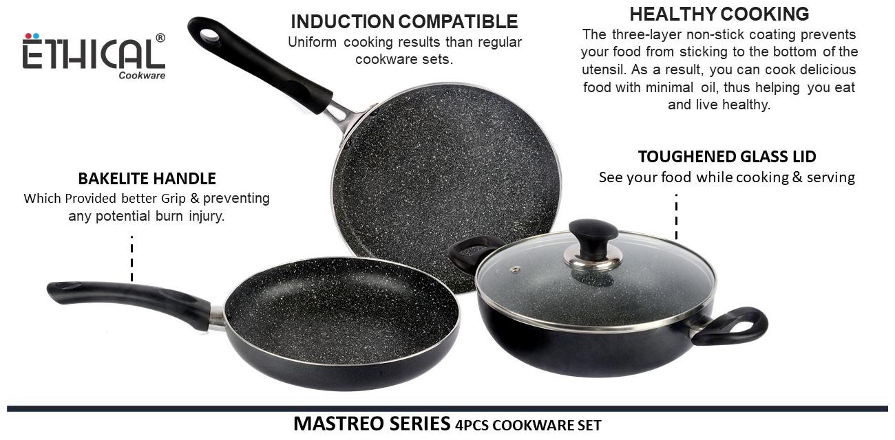 

Ethical Induction Kadahi Fry Pan Tawa With Glass Lid 4pcs Cookware Set