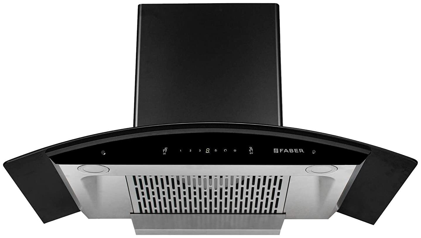 Faber Kitchen Chimney 90 cm 1200 m³/hr Auto-Clean curved glass (HOOD SUNNY HC SC BK 90, Filterless technology, Motion Sensor & Touch Control, Black)