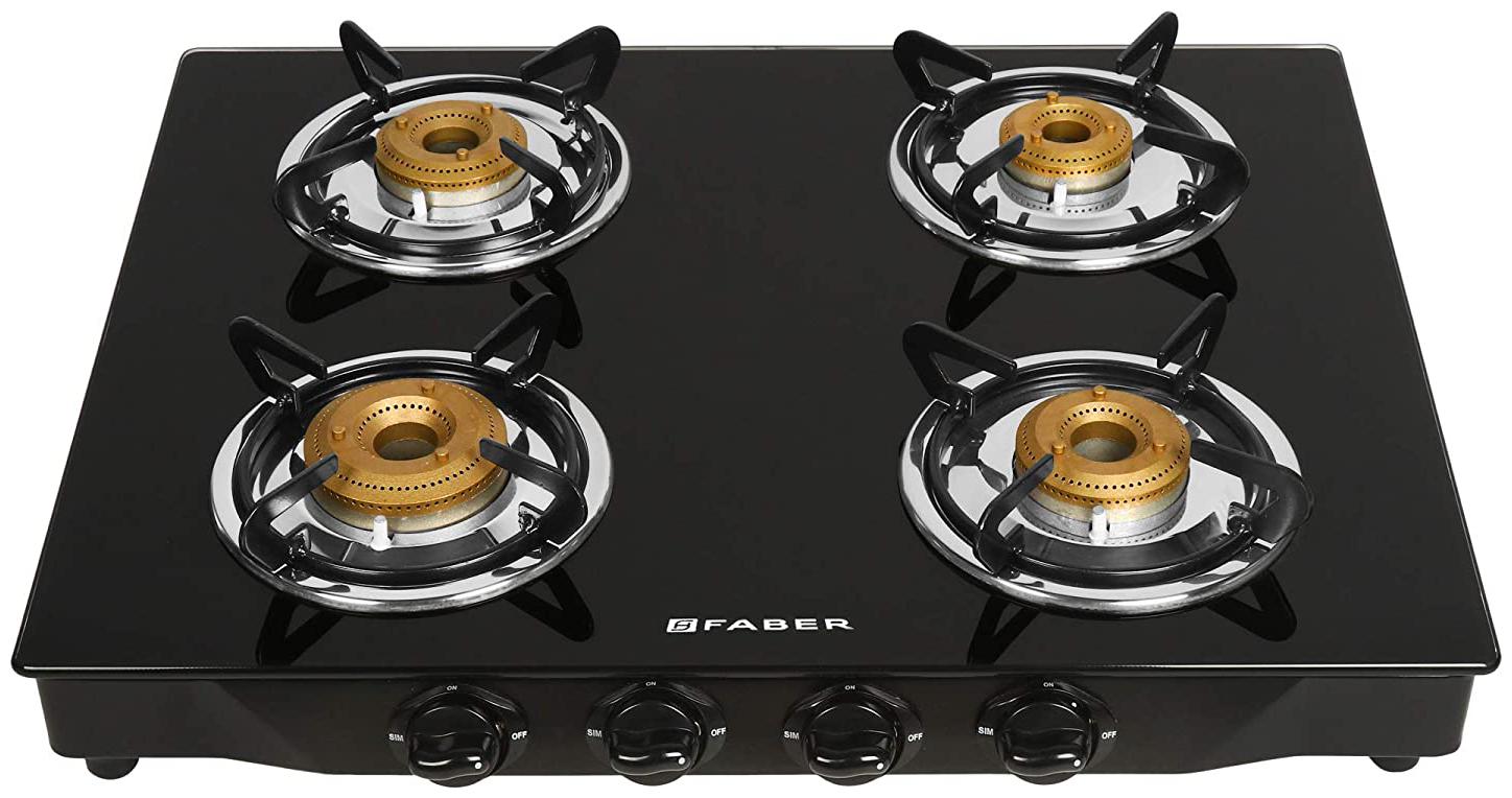 Faber Gas Stove 4 Burner Automatic Glass Cooktop (Jumbo 4BB SS) Manual Ignition, Steel Frame Body, Black