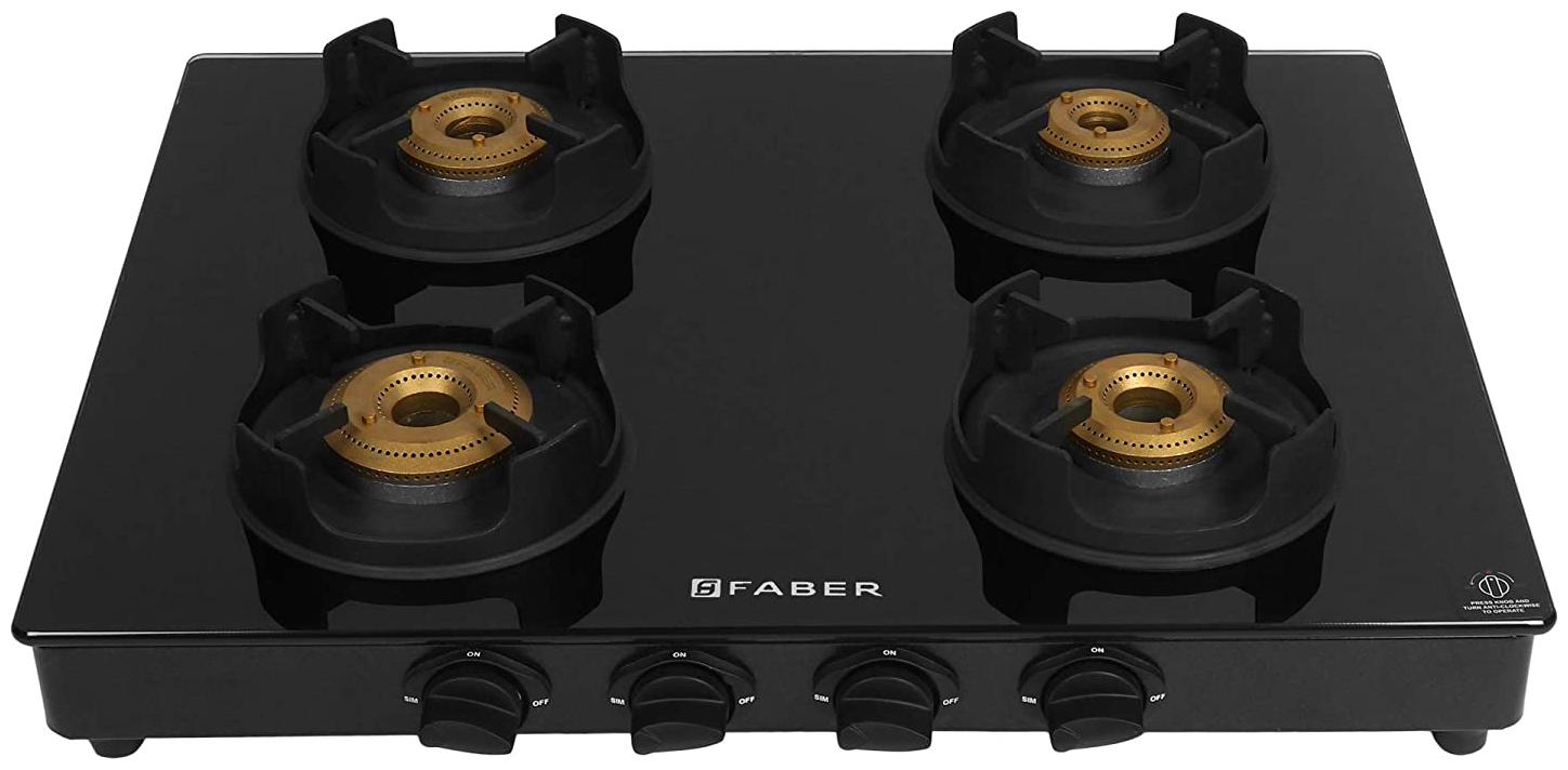 Faber Gas Stove 4 Burner price | Glass Cooktop (Onyx 4BB BK) Manual Ignition, Black