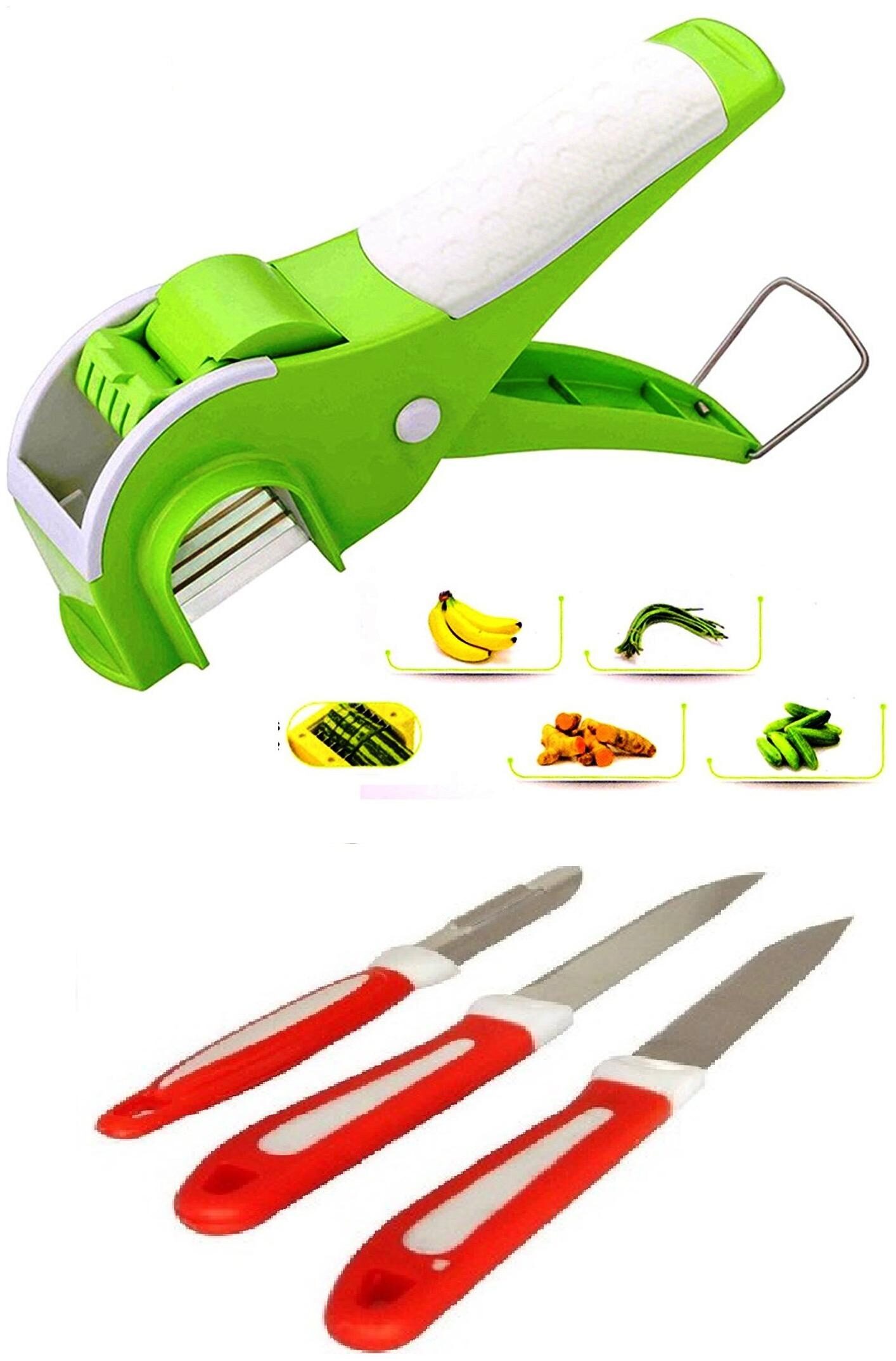 

Famous Veg Cutter Mirchi Cutter Vegetable Cutter With Free 3 pcs Knife Combo Set (1 pc Veg Cutter 3 pcs Knife) By DealDelivery
