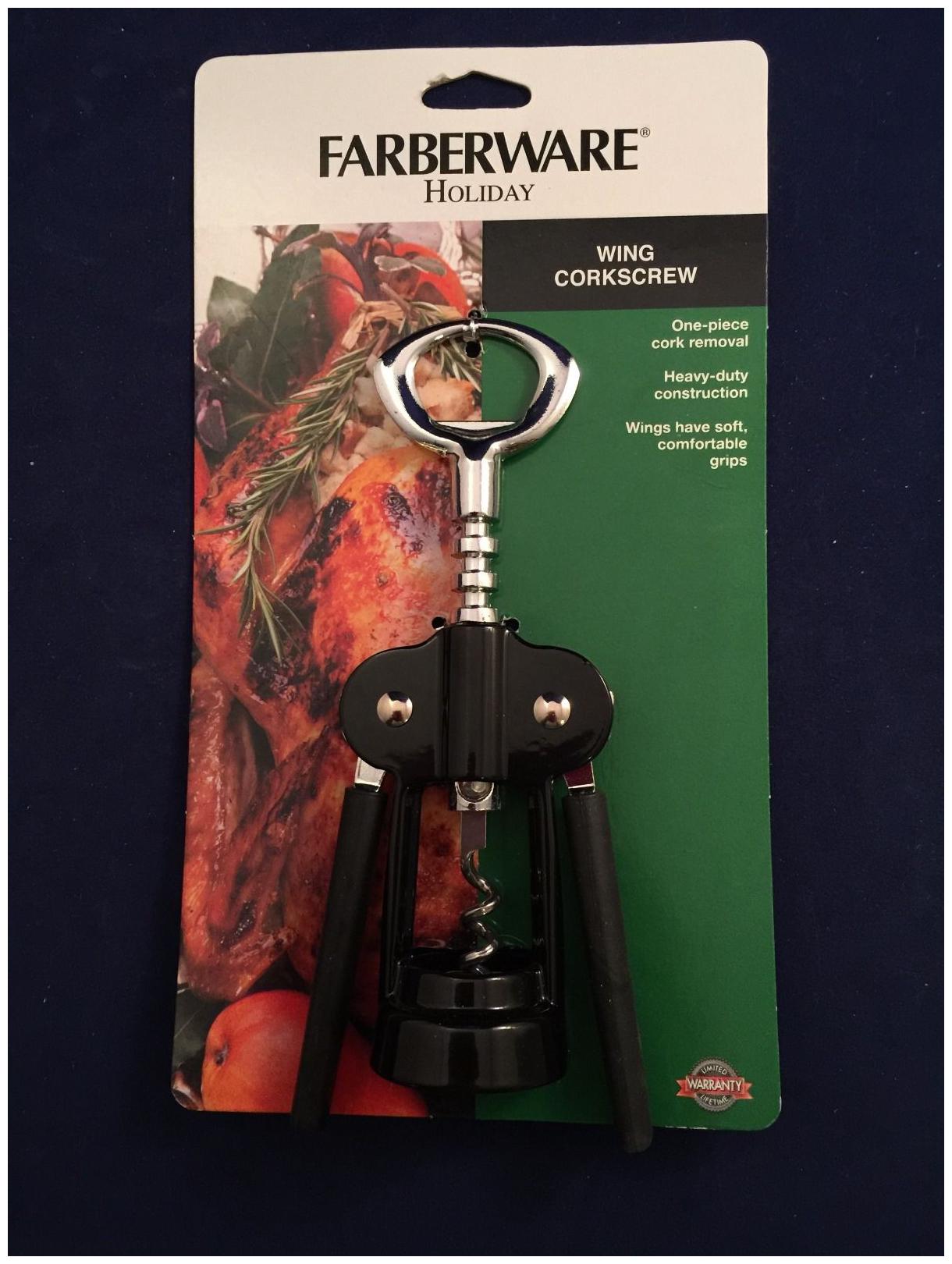 

FARBERWARE WING CORKSCREW BOTTLE OPENER HEAVY DUTY COMFORT GRIP EASY OPEN