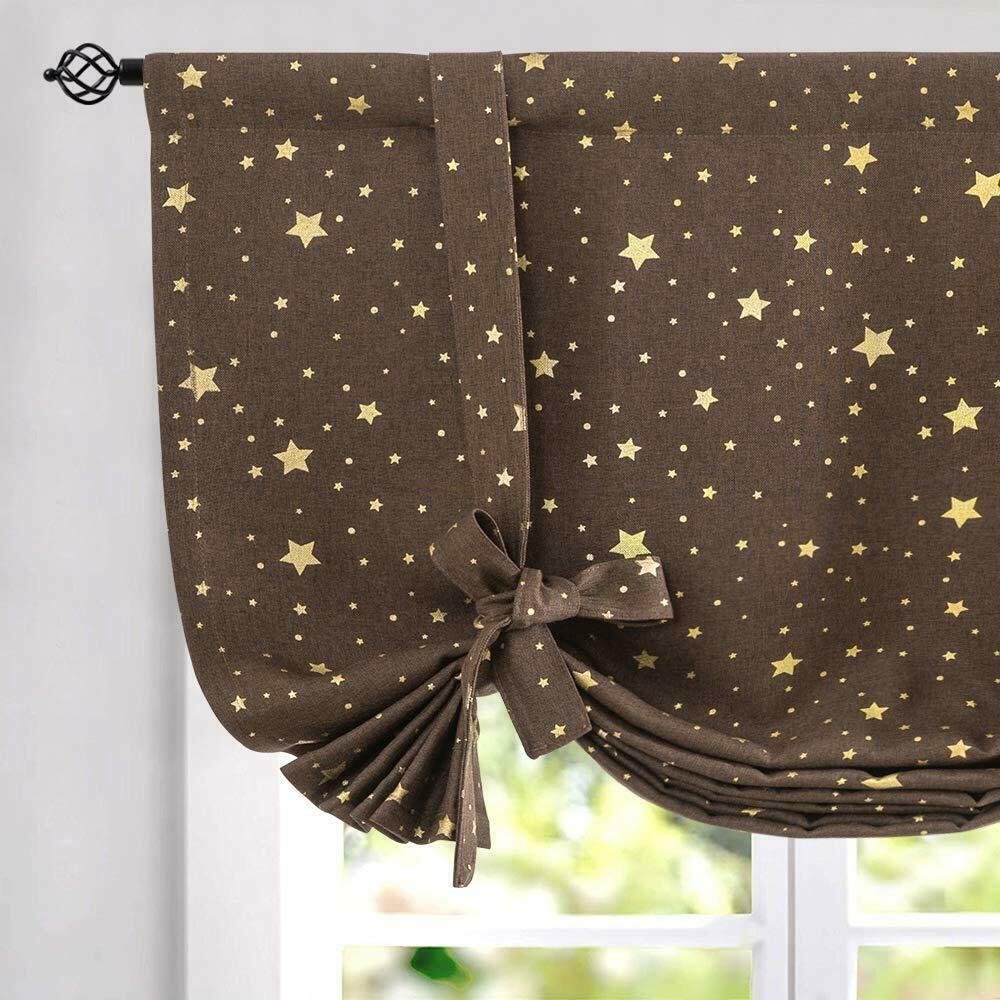 

Faux Linen Textured Tie Up Shade Curtain Valance Gold on Flax Star Design 1 Pane