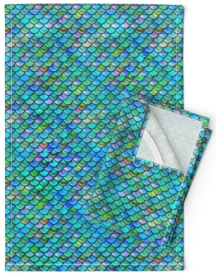 

Fish Scales Mermaids Blue Green Linen Cotton Tea Towels by Roostery Set of 2