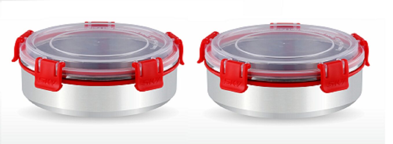 

Flip Lock Stainless Steel Storage Container 2 Pcs Set-870ml(Red)