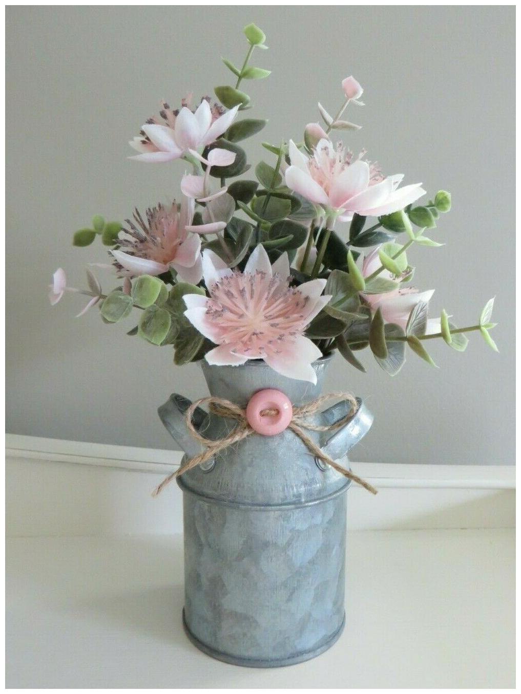 

Floral Arrangement in Rustic Small Metal Milk Can- Spring Home Decor (Item 292)